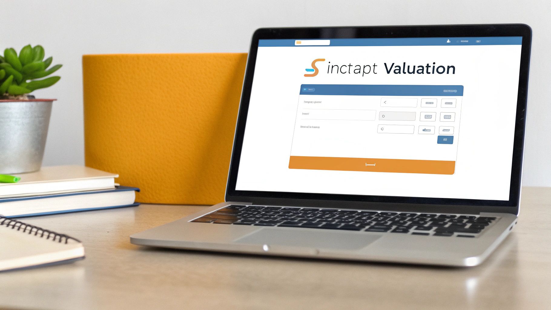 A laptop on a desk showing 'Sinctapt Valuation' software, with notebooks and a plant nearby.