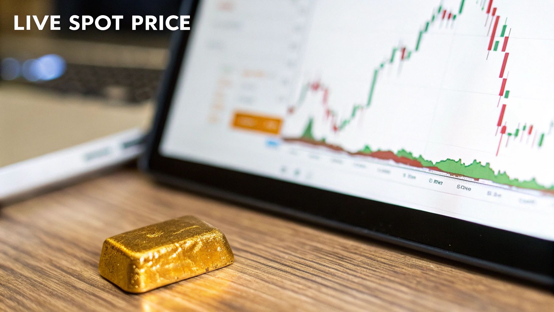 A digital screen displaying fluctuating gold market prices, symbolizing the live spot price.