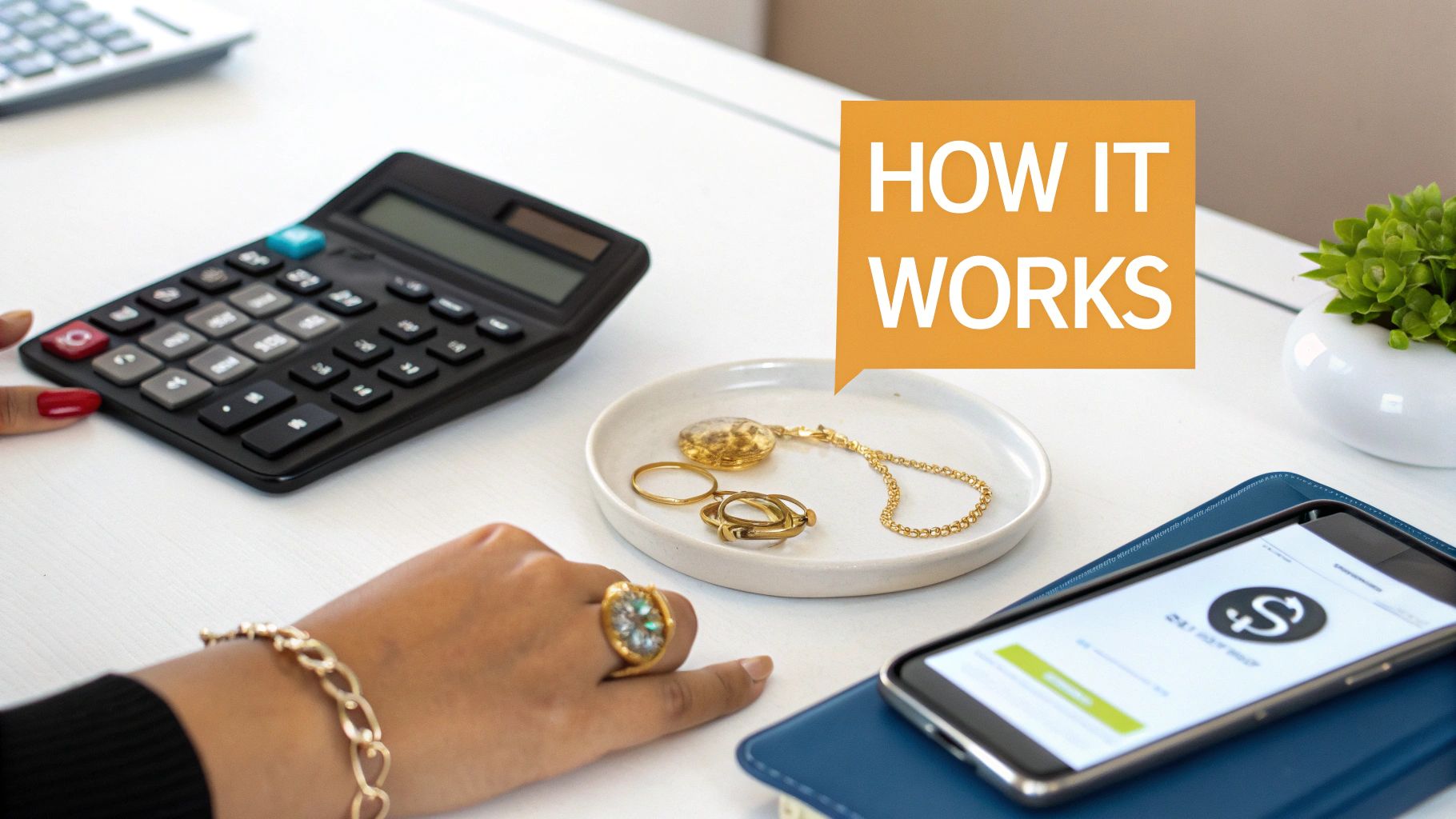 A close-up of various gold jewelry items, including rings and chains, being weighed on a digital scale.