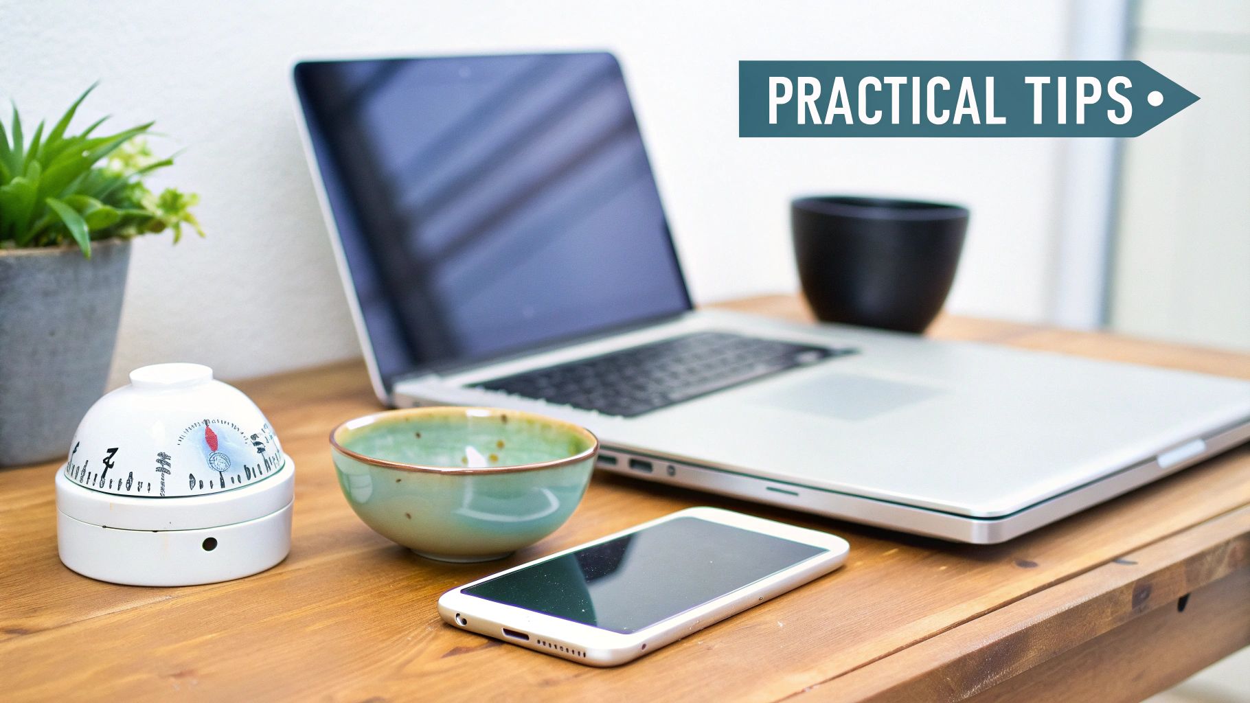 A clean desk setup with a laptop, smartphone, timer, and plant, featuring a 'Practical Tips' banner.
