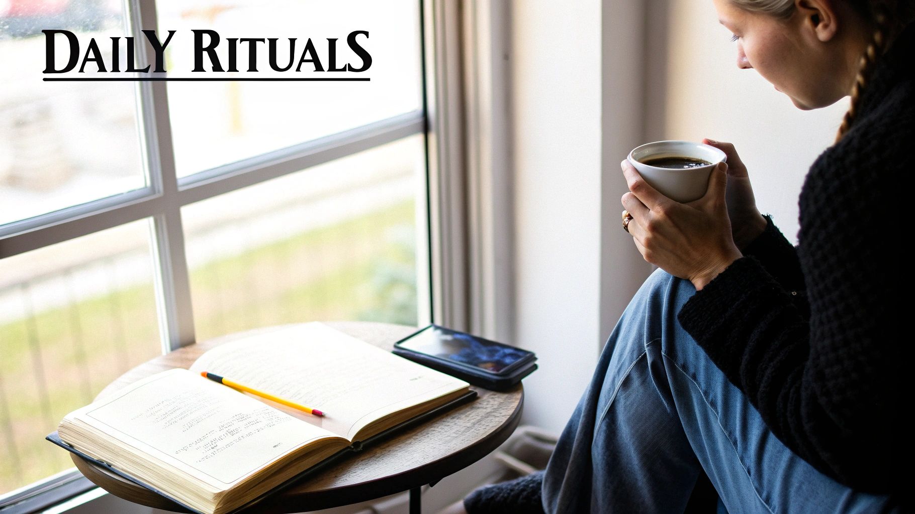 A person mindfully drinking coffee in the morning, with soft light streaming in.
