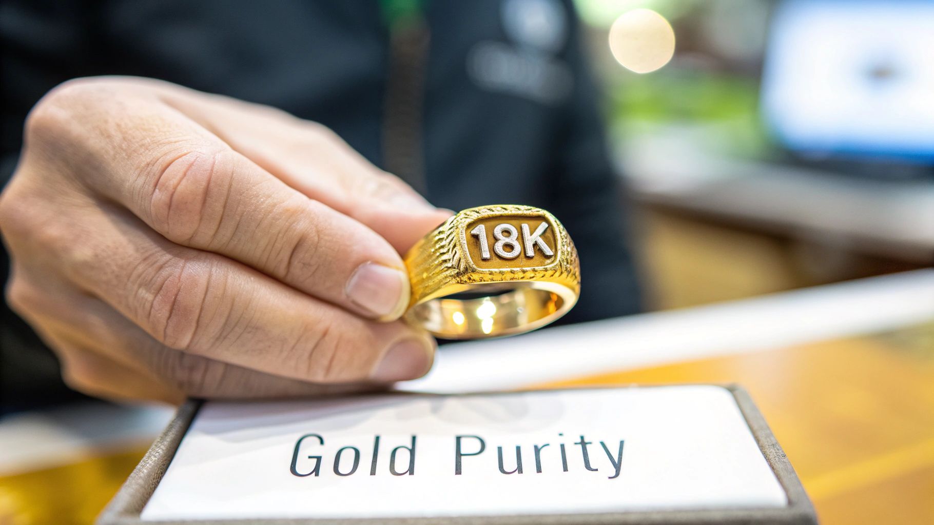 A hand holds an 18K gold ring over a display sign reading 'Gold Purity'.