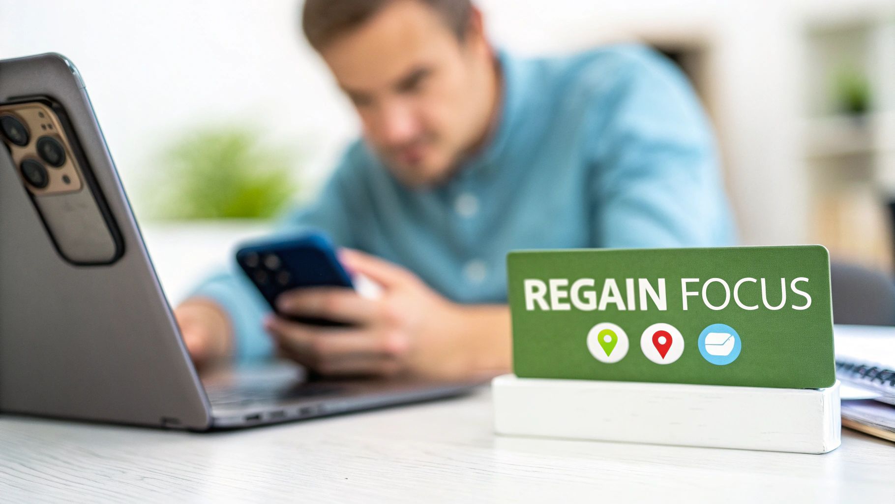 A man struggles to focus on his laptop while using his smartphone, with a 'REGAIN FOCUS' sign nearby.