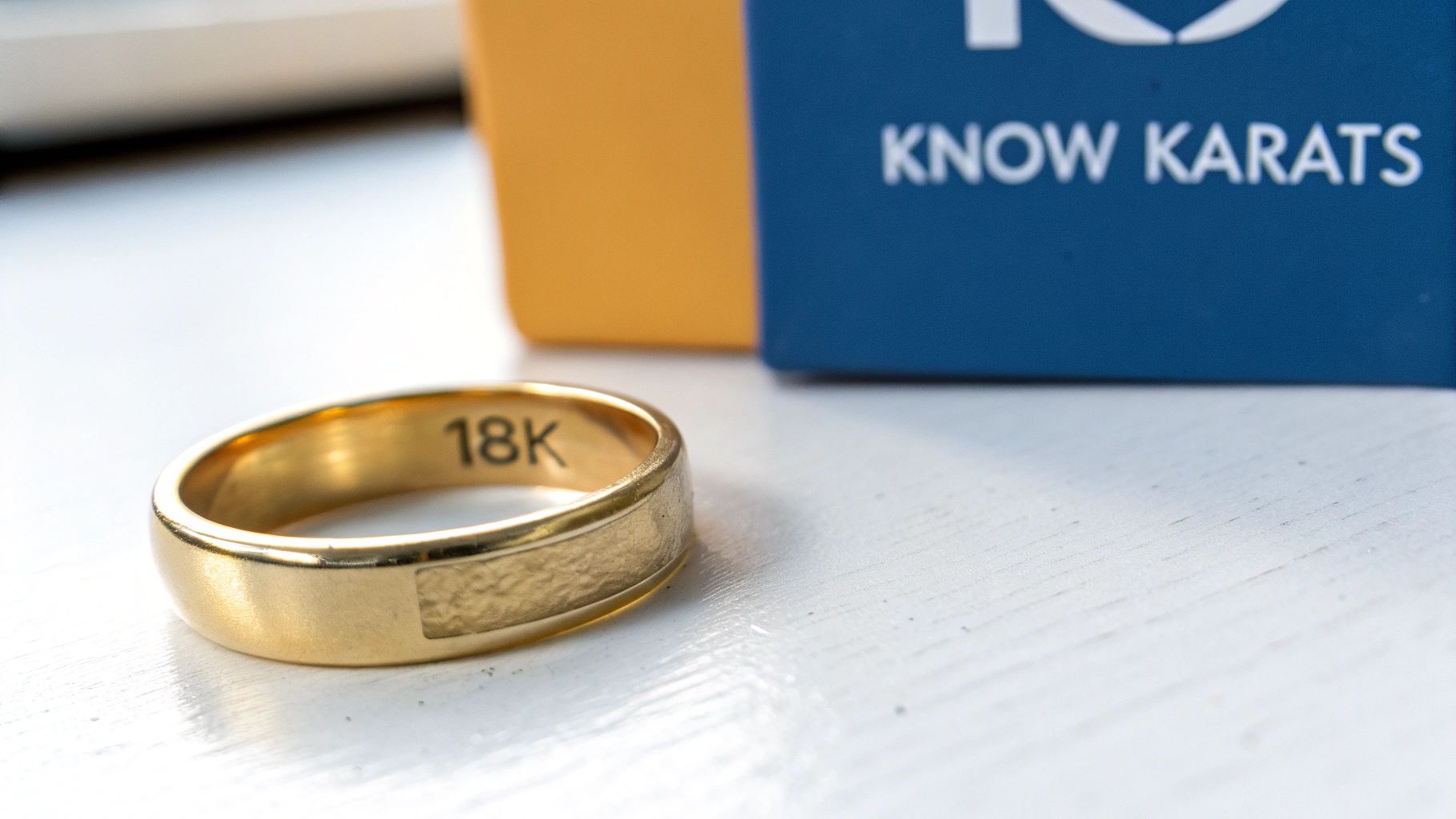 A gold ring being inspected with a jeweler's loupe, showing a purity stamp.