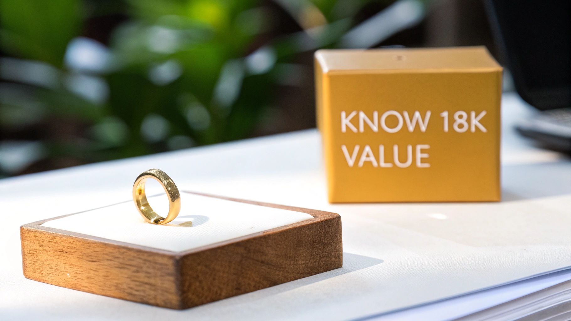 Close-up of an 18k gold jewelry piece showing its intricate design and hallmark