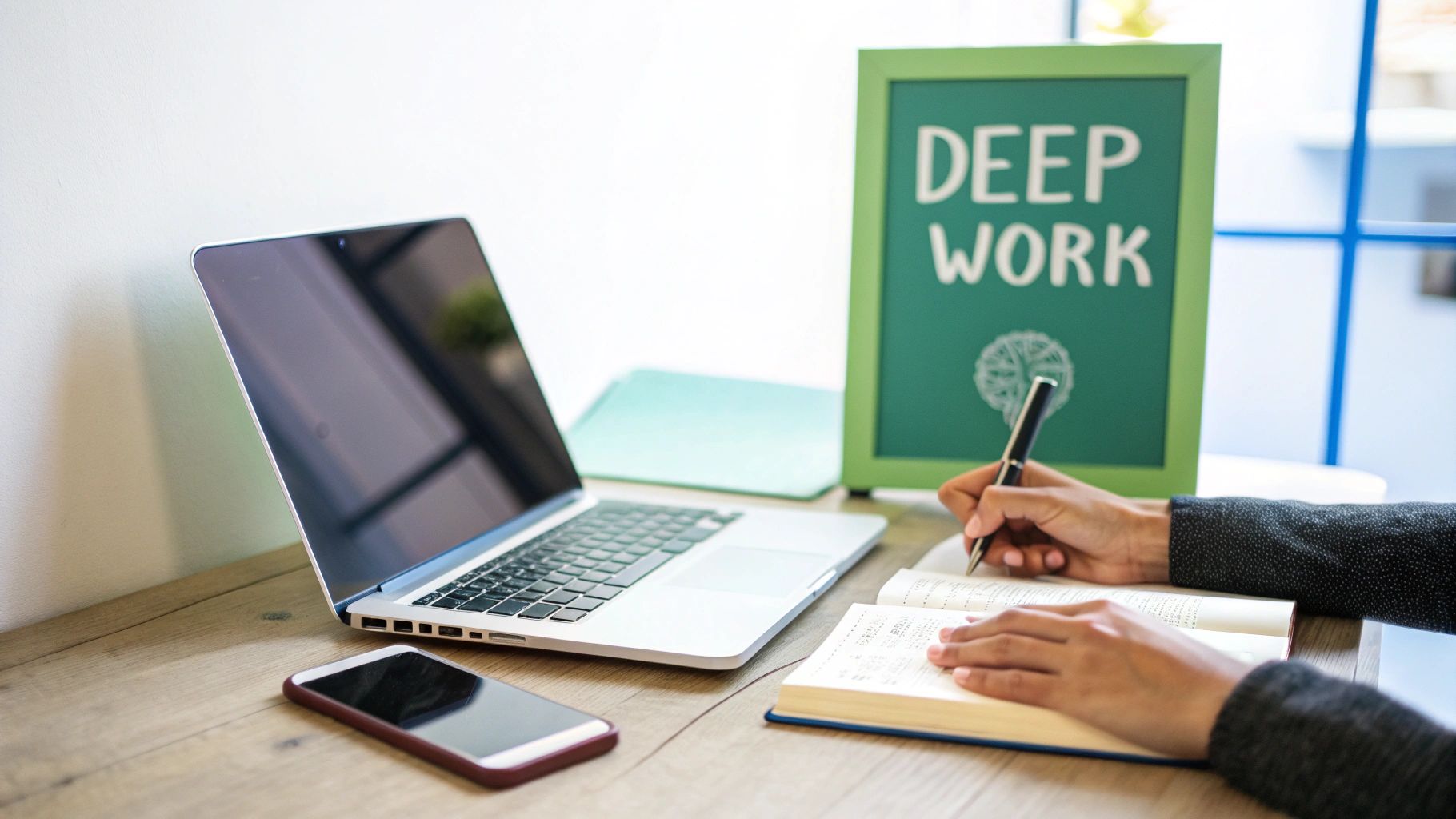Person writing in a notebook on a wooden desk with a laptop, smartphone, and a 'DEEP WORK' sign.
