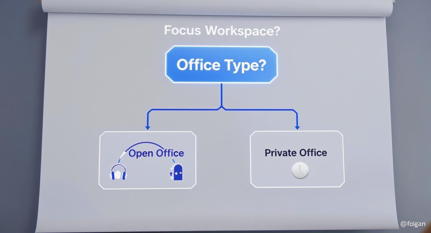 A flowchart illustrating office types for focus workspaces: Open Office vs. Private Office.