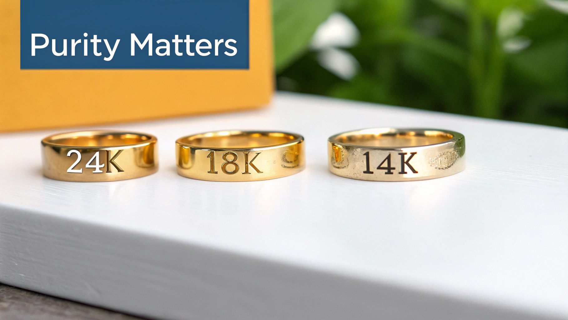 Close up image of several gold rings with different karat markings visible.