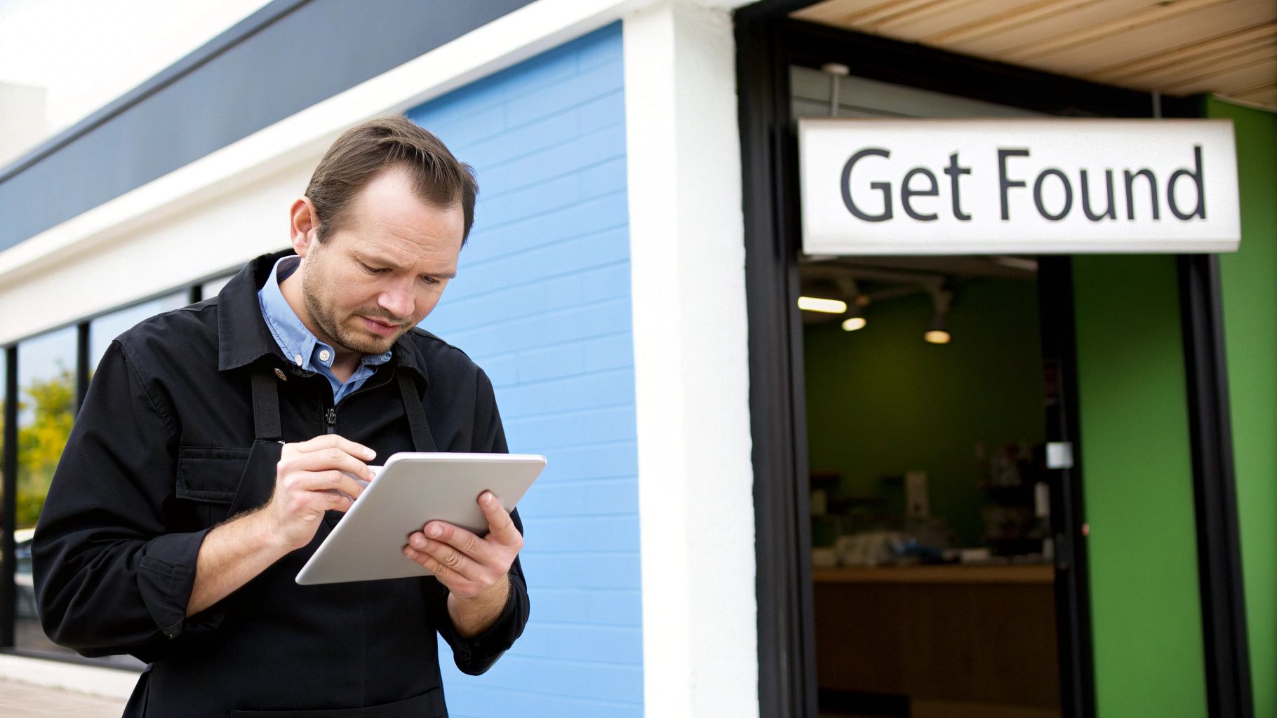 A male business owner in a black jacket uses a tablet outside his shop with a 'Get Found' sign.
