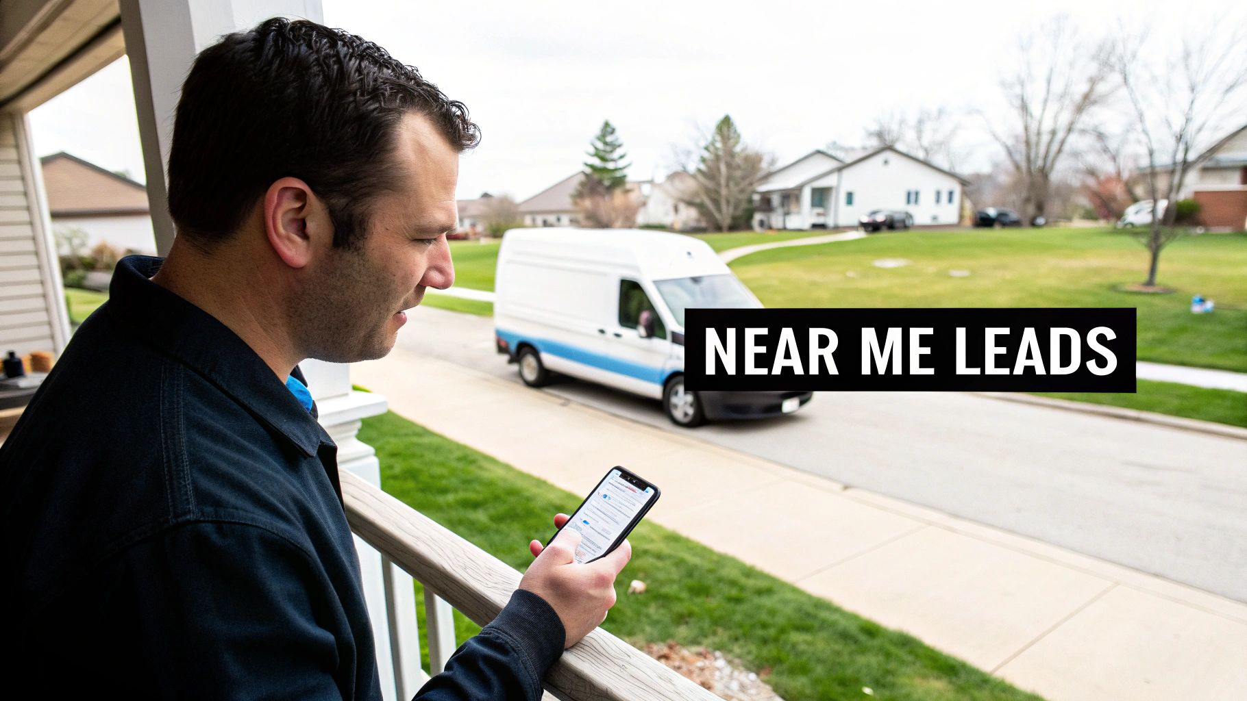 A man on a porch looks at his phone with a delivery van driving by. Text: "NEAR ME LEADS."