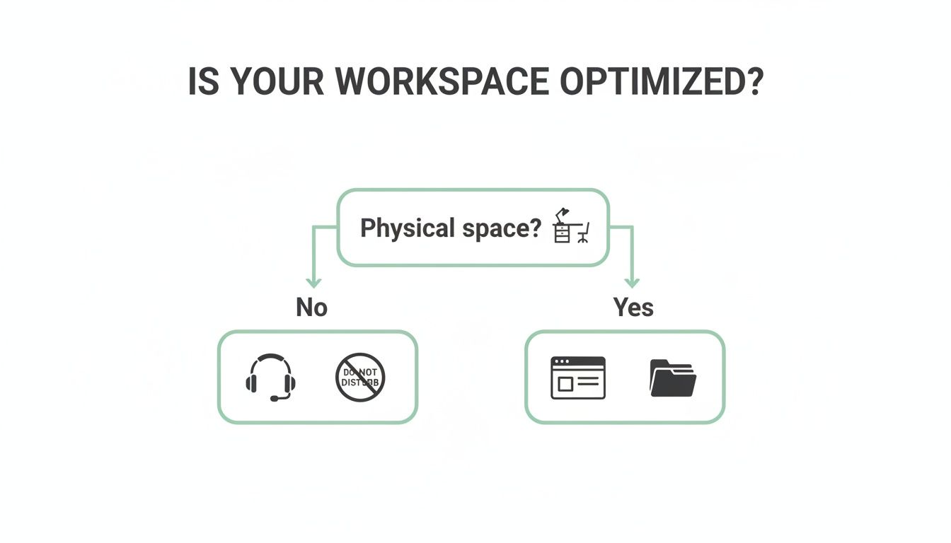 A flowchart asking 'Is your workspace optimized?'. Branches for 'No' (headphones, do not disturb sign) and 'Yes' (browser, folder).