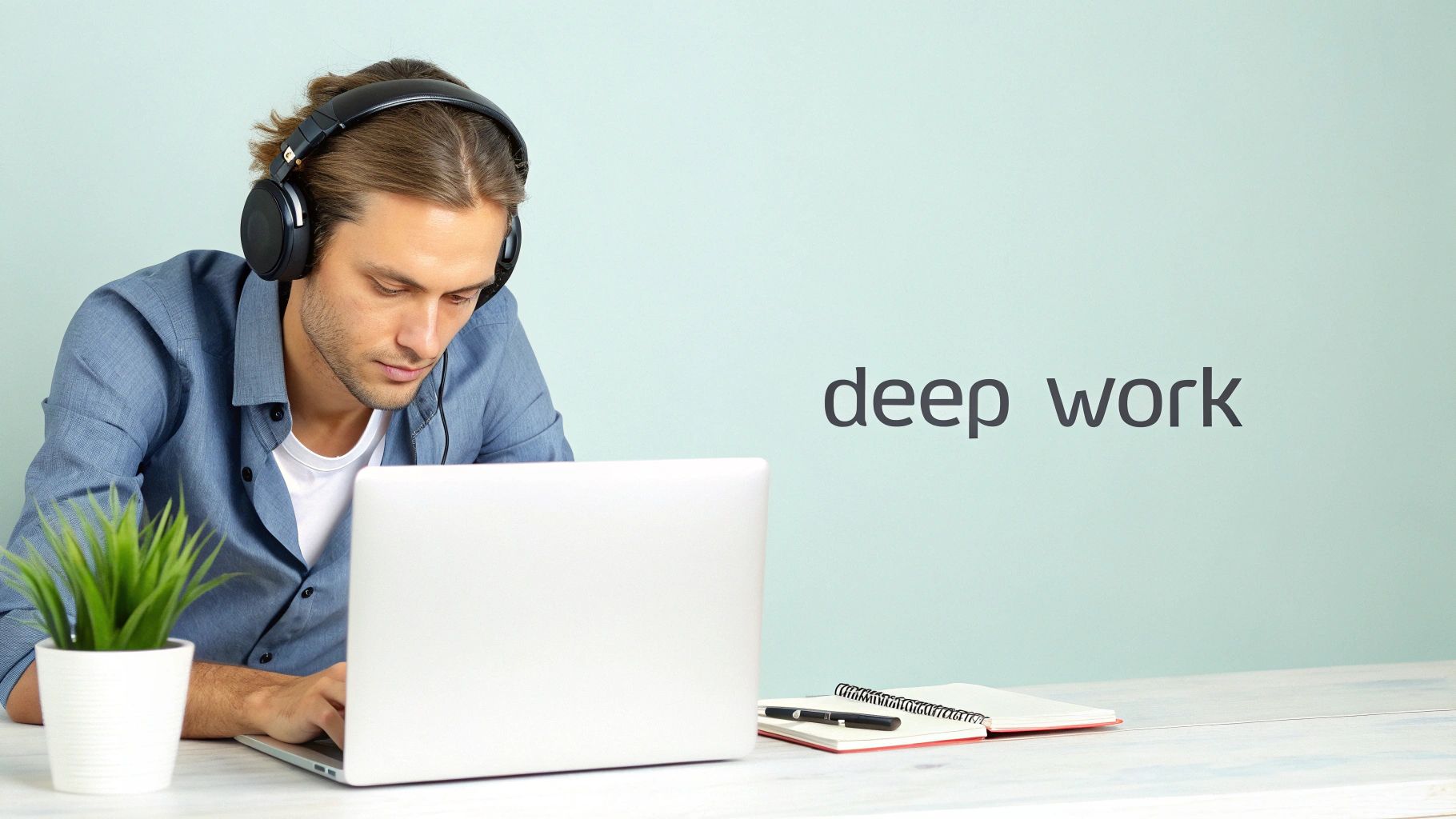 A man wearing black headphones is deeply focused on typing on a silver laptop. A plant and a notebook are on the white desk, with “deep work” written on the light blue background.