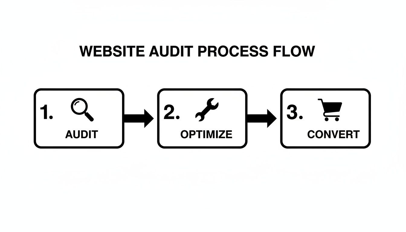 Flowchart illustrating the three-step website audit process: audit, optimize, and convert for online sales.