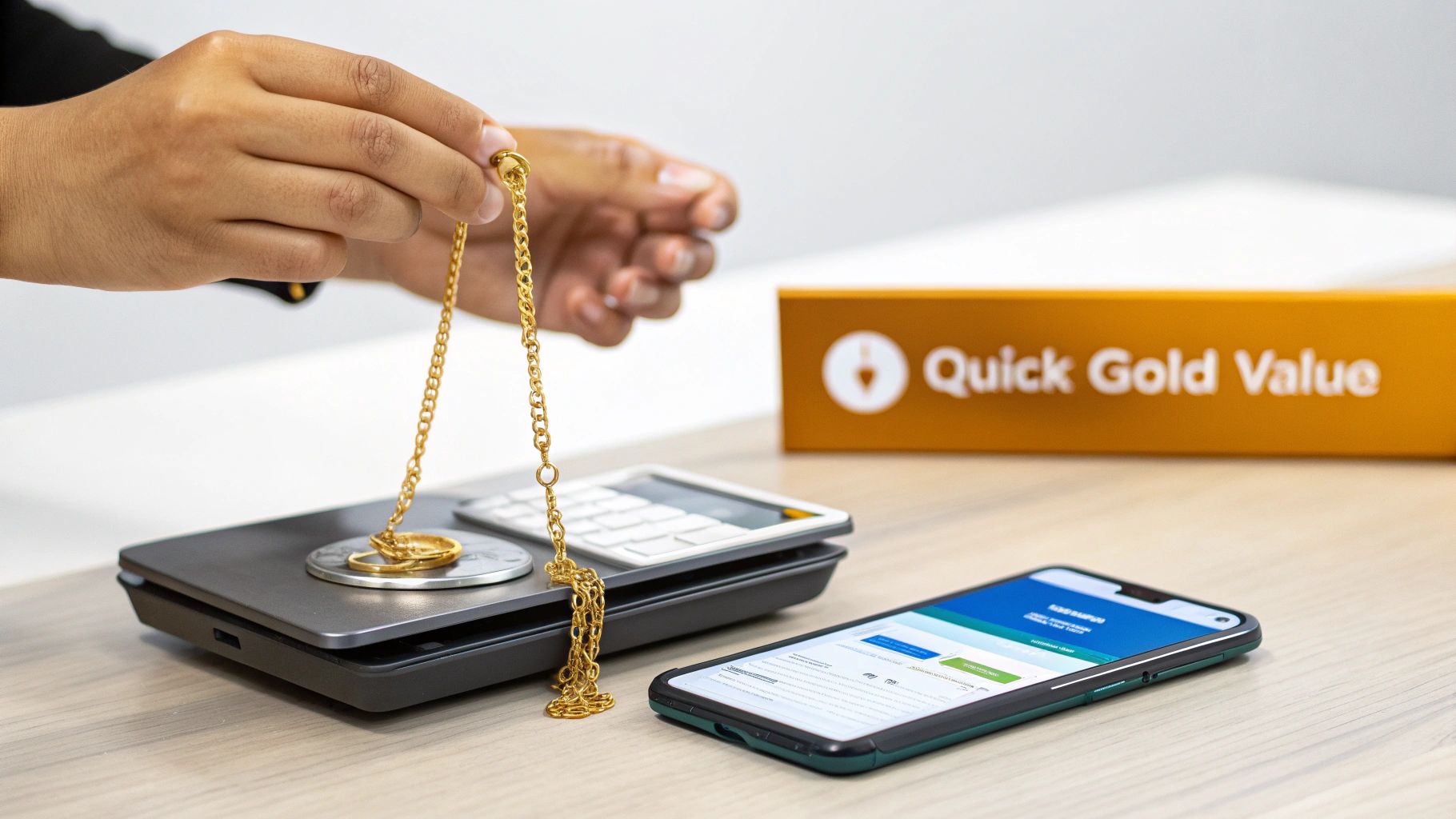 Gold coins and bars on a scale, representing gold valuation
