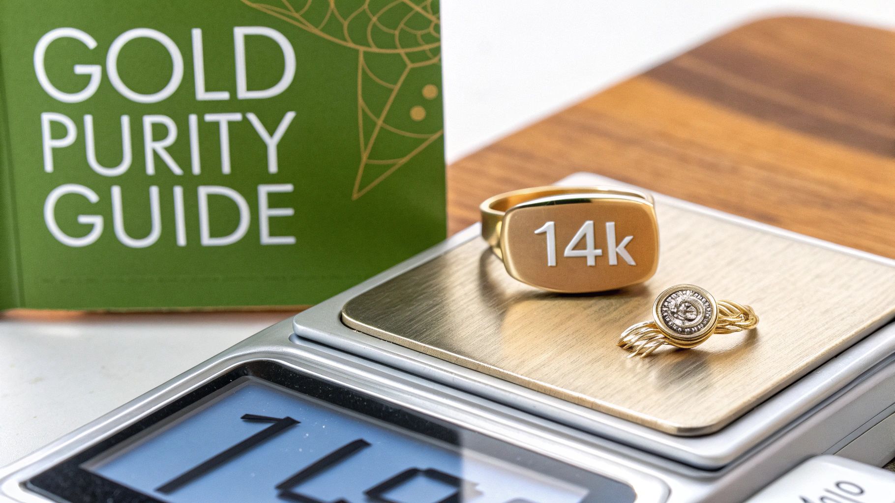 A gold ring being measured on a digital scale