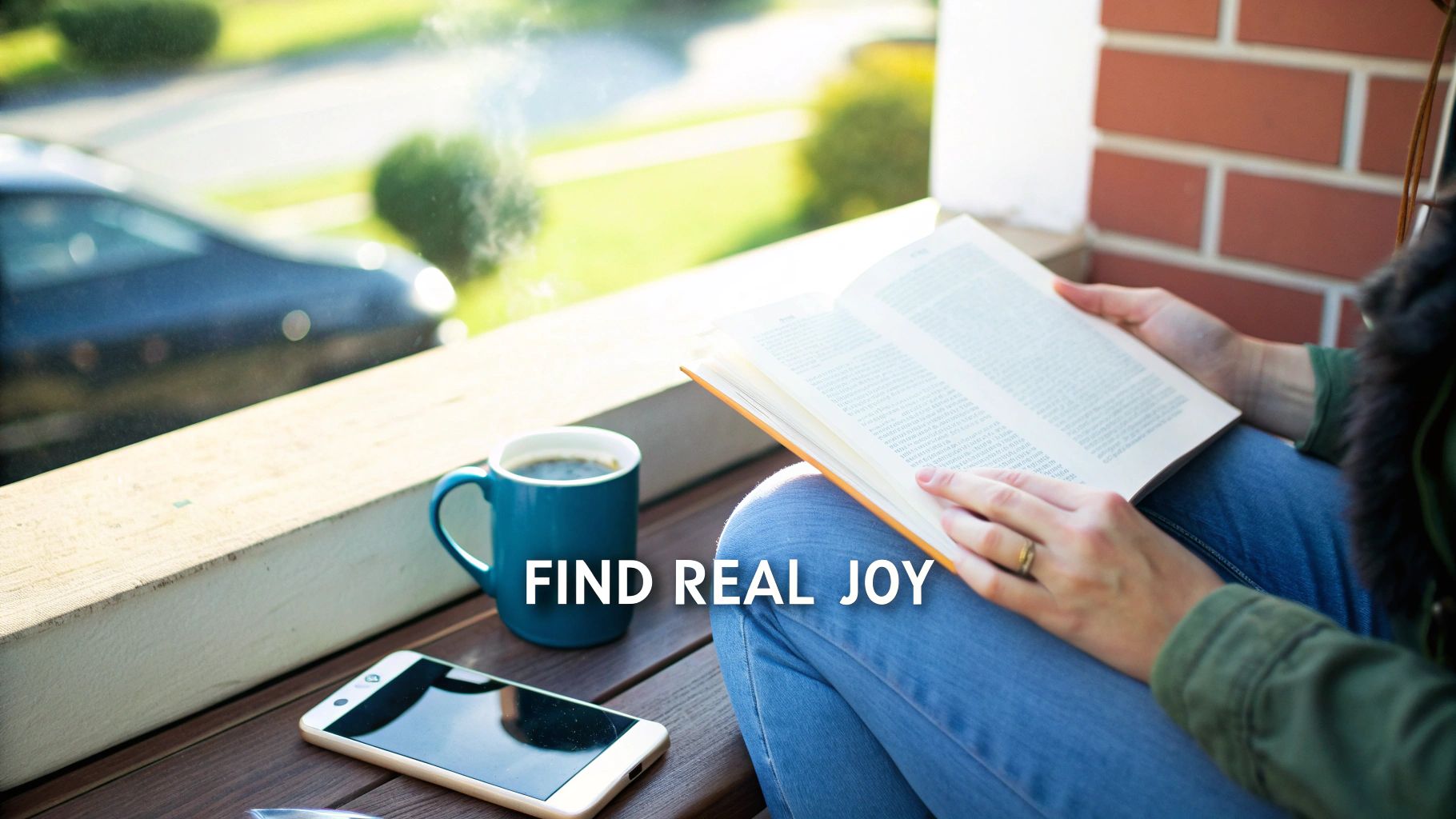 A person reading a book on a porch with coffee and a phone, finding joy.
