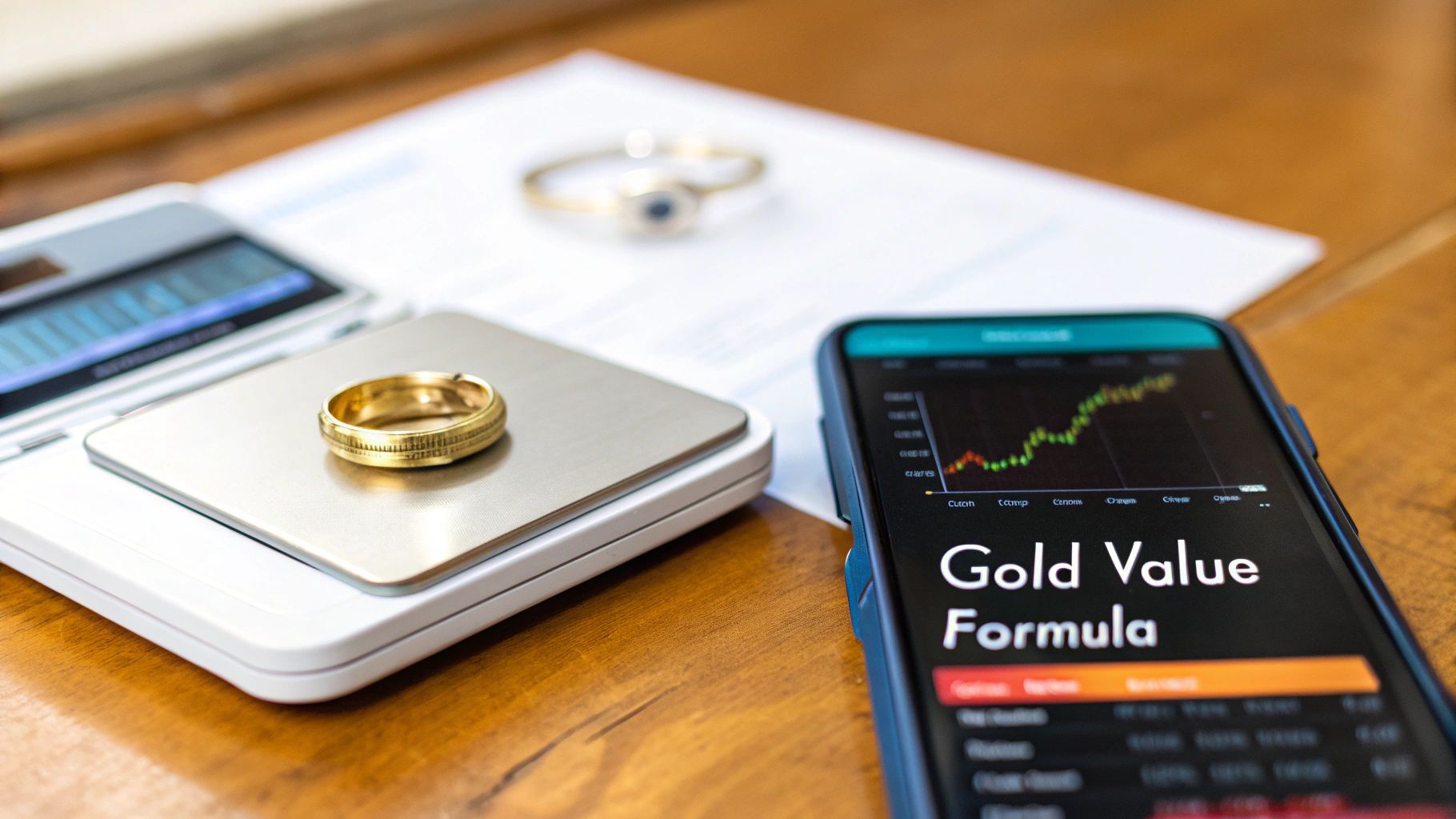A gold ring sits on a digital scale next to a smartphone showing a 'Gold Value Formula' app.