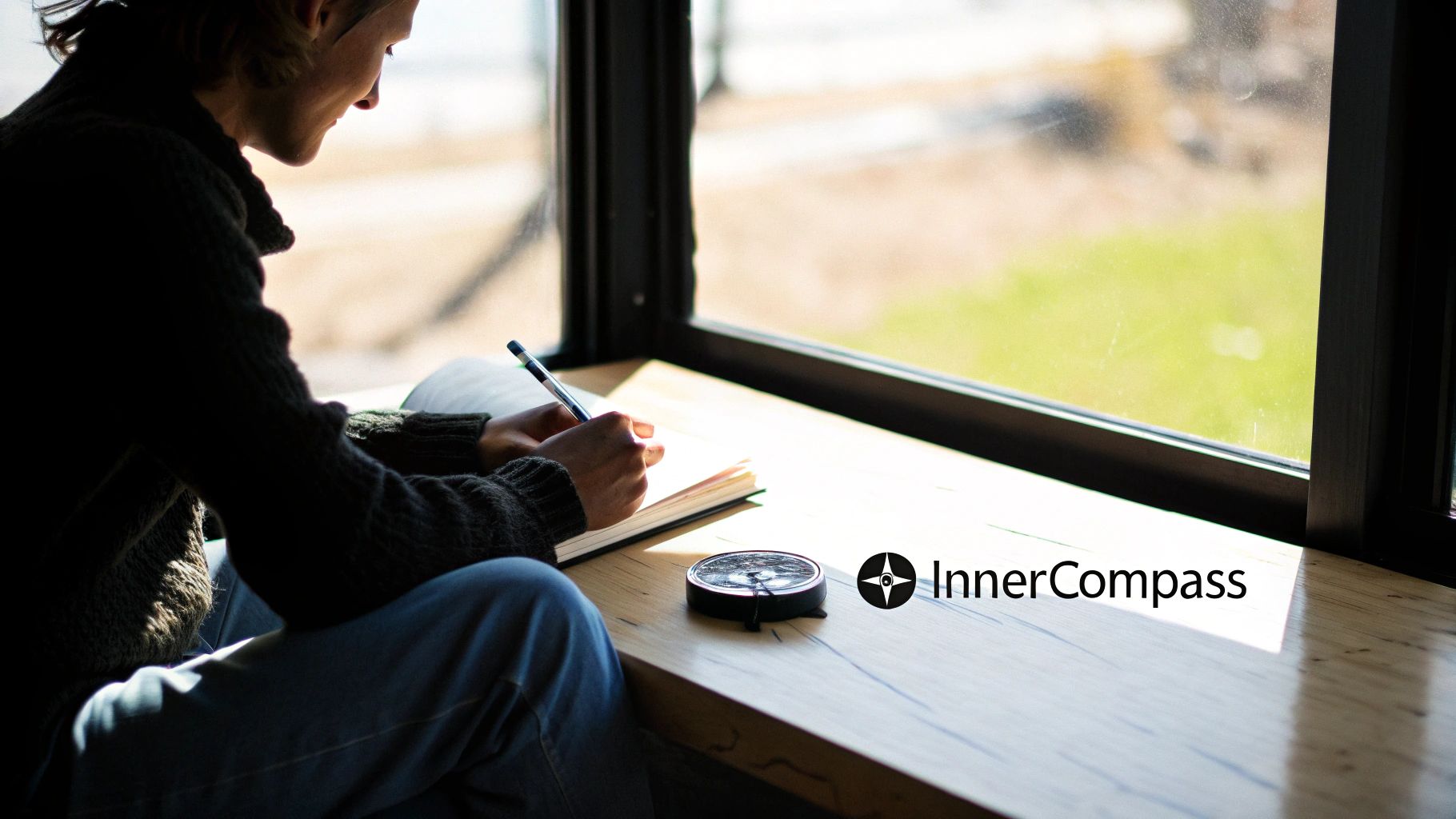 A person sitting on a cliff overlooking a beautiful sunrise, symbolizing contemplation and finding purpose.