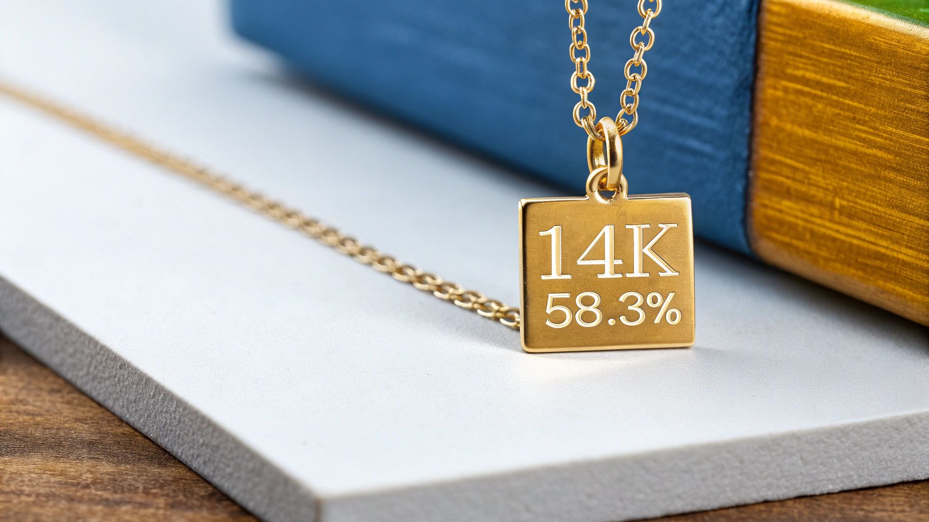 Close-up of a square gold 14K (58.3%) purity pendant with a chain on a white surface.