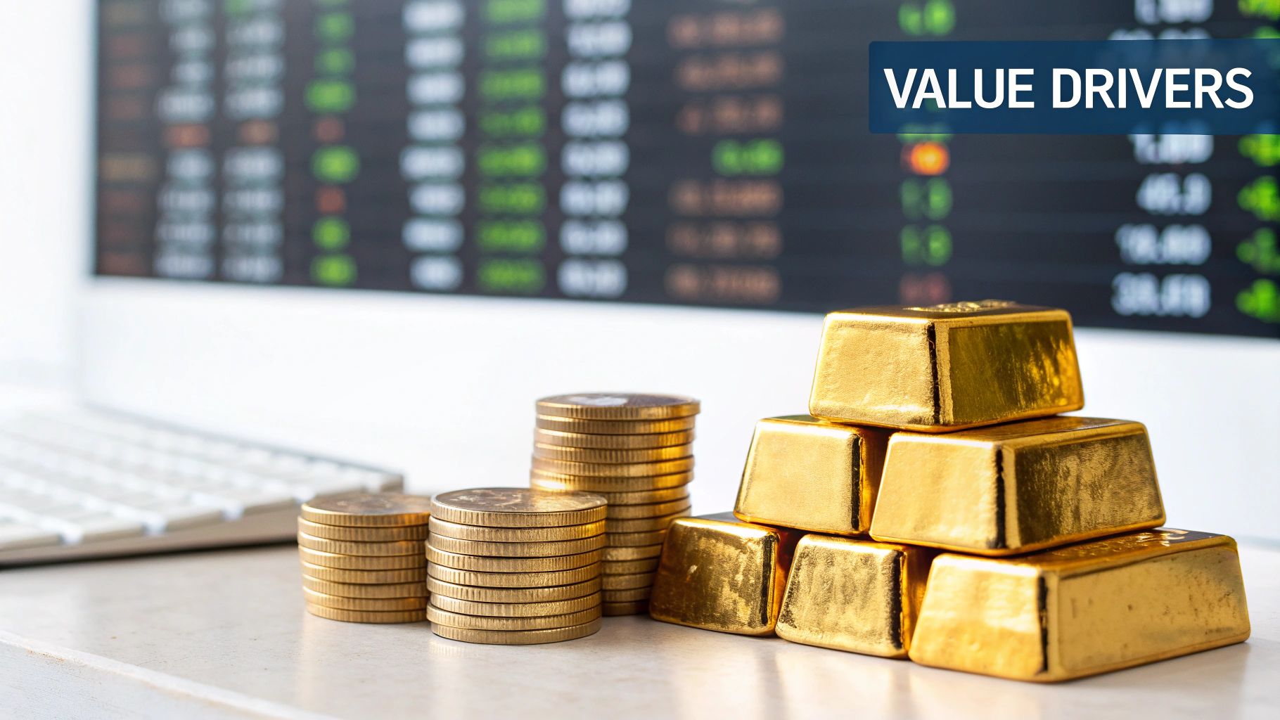 Stacks of gleaming gold coins and bars sit on a desk with a blurred financial stock market screen.