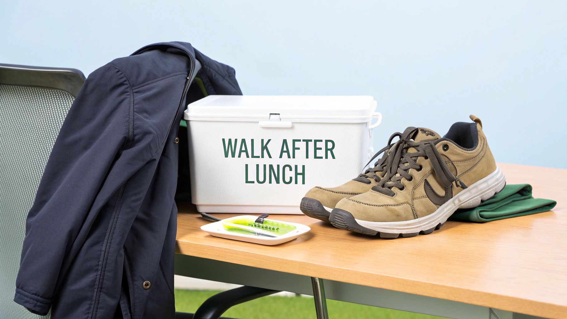 A white lunchbox says 'WALK AFTER LUNCH' next to running shoes, a jacket, and cutlery on a table.