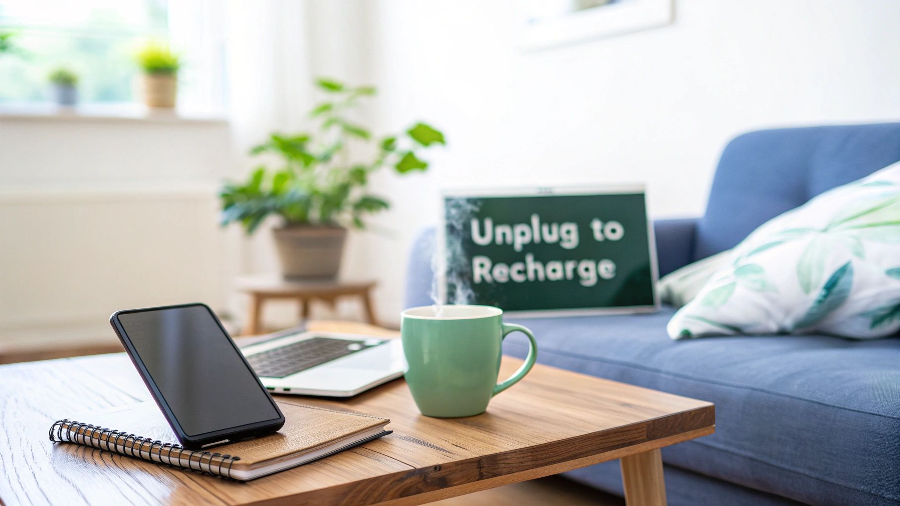 A cozy home scene with a smartphone, steaming coffee, laptop, and an 'Unplug to Recharge' sign.