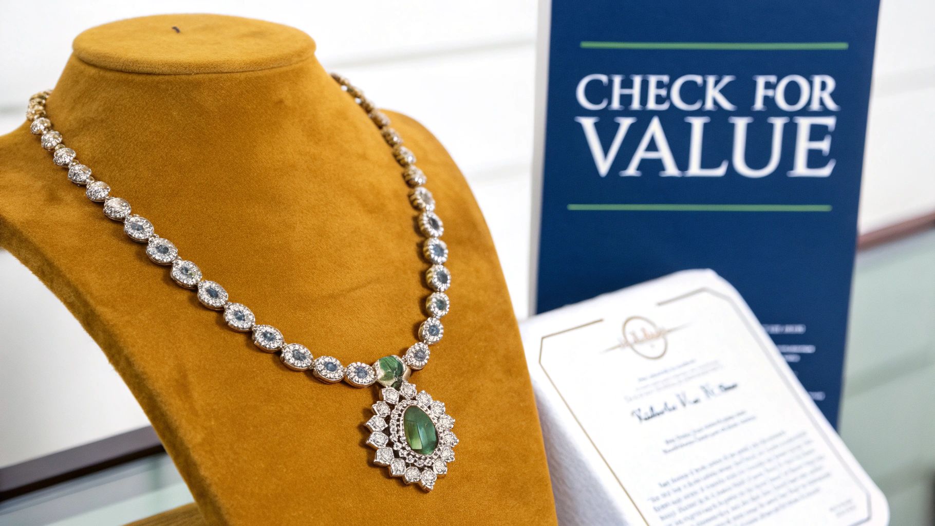 An elegant antique gold necklace with intricate details and a prominent gemstone, suggesting it has value beyond its gold content.