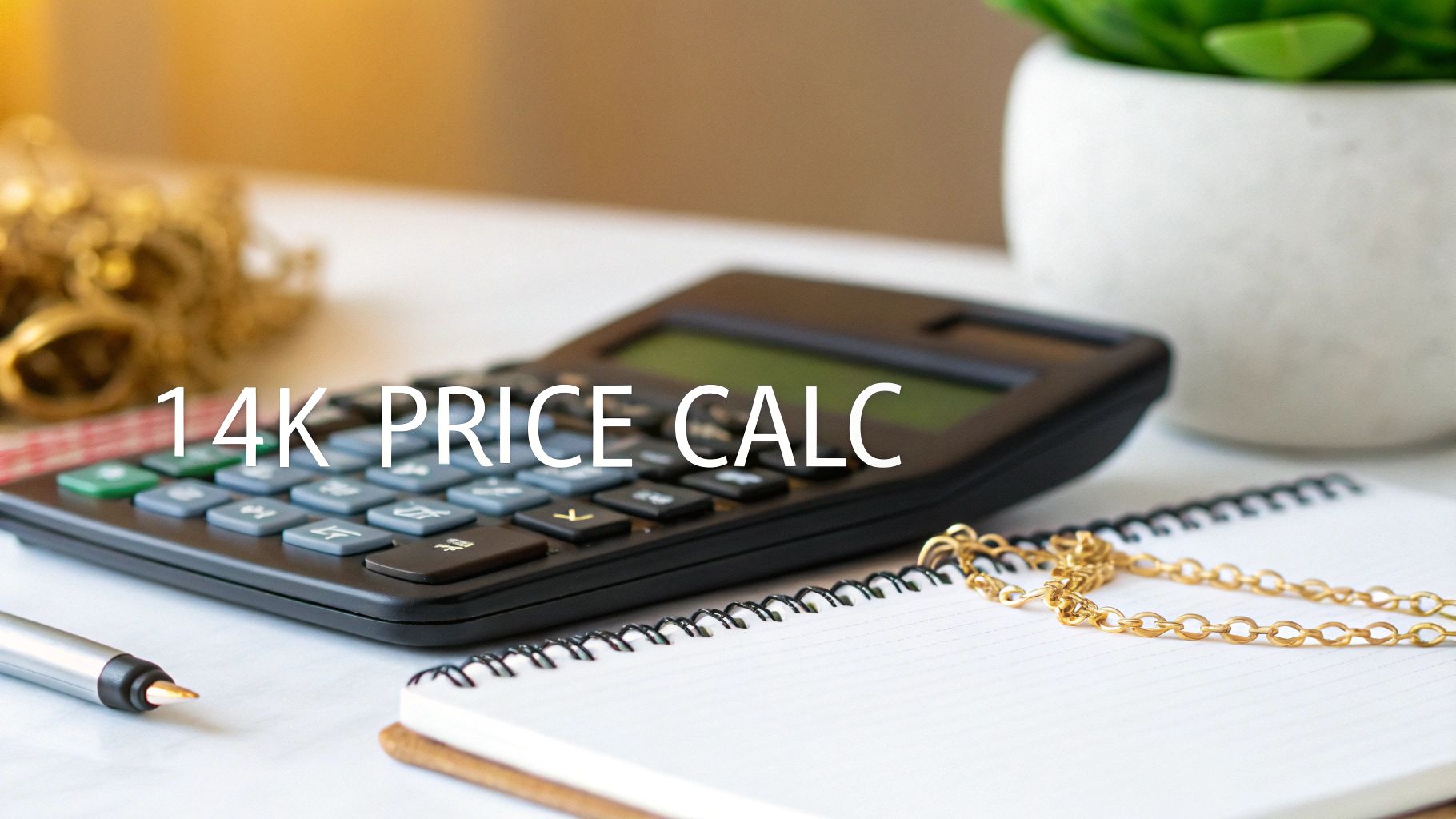 A stack of 14k gold rings and a gold chain on a white surface.