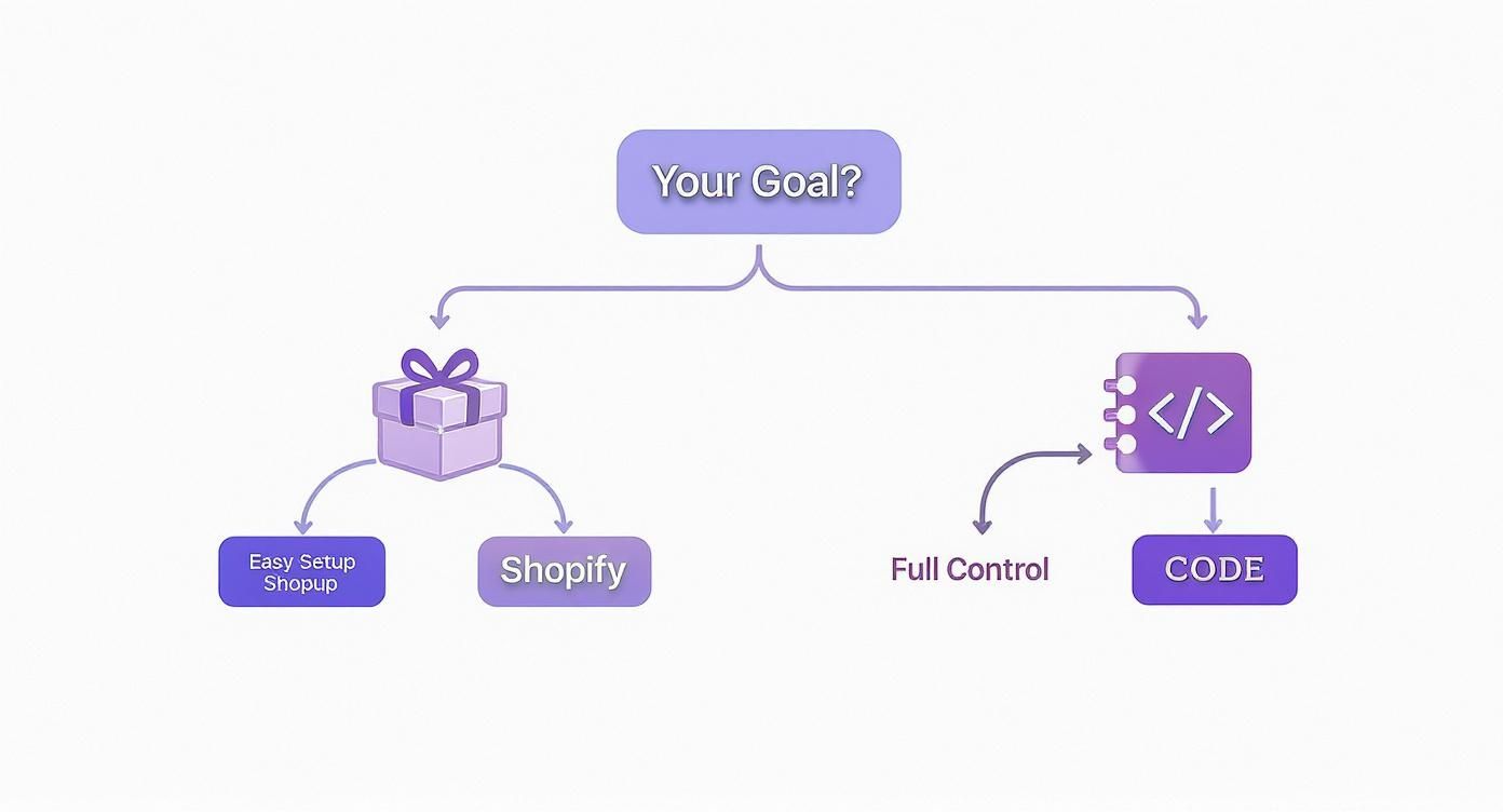 A flowchart showing two paths to achieve a goal: 'Easy Setup Shopup' / 'Shopify' or 'Full Control' / 'CODE'.