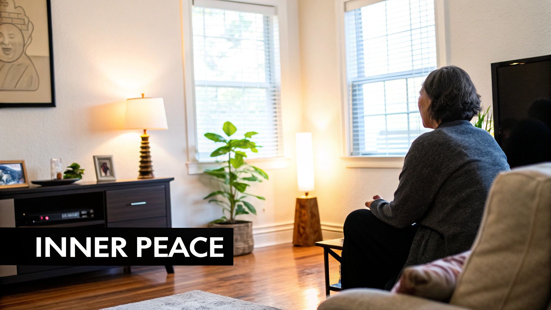 Woman practicing yoga on a mat in a calm, sunlit room, symbolizing inner peace and self-reflection.