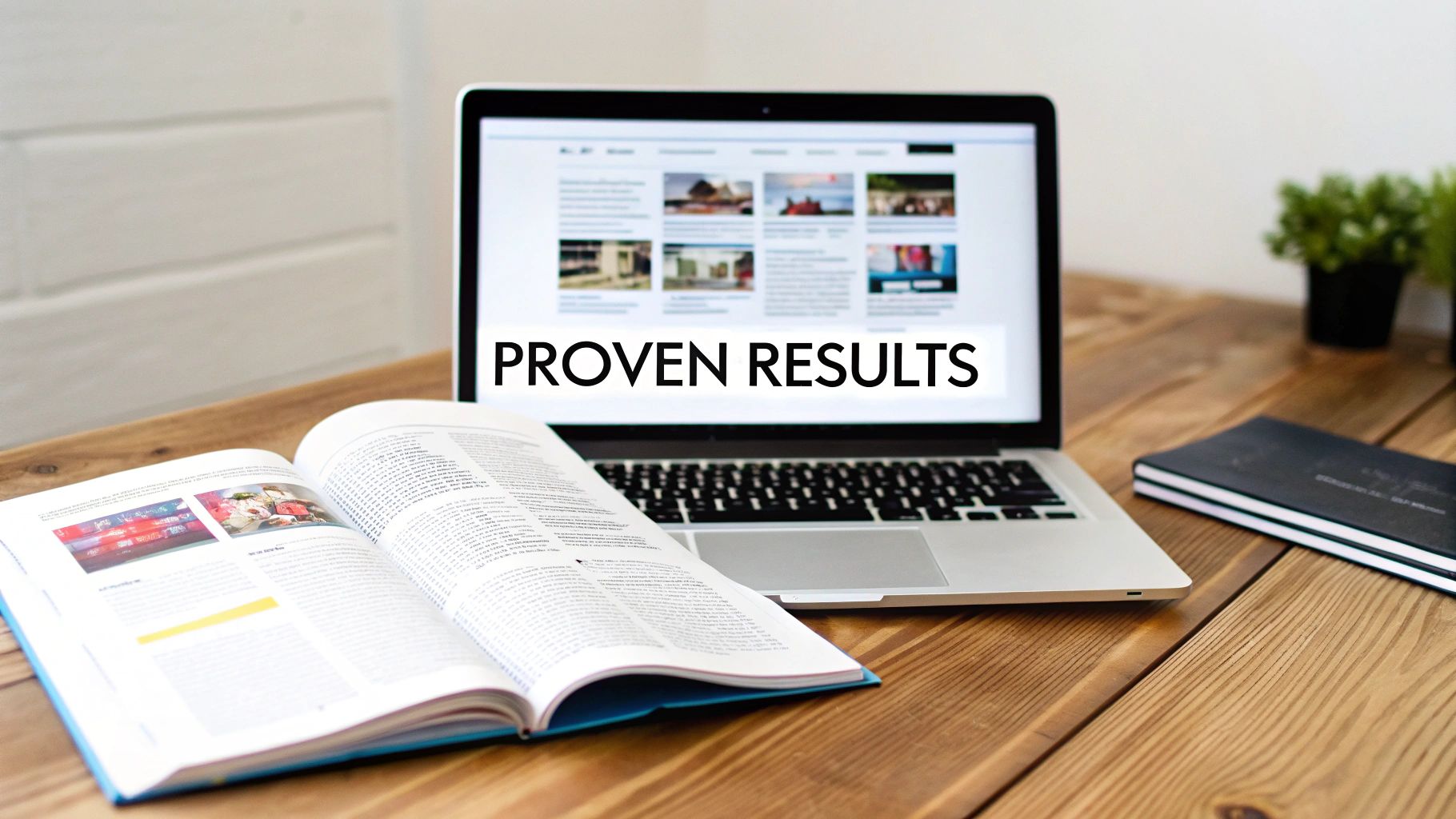 A laptop displaying 'PROVEN RESULTS' on its screen, an open book, and a notebook on a wooden desk.