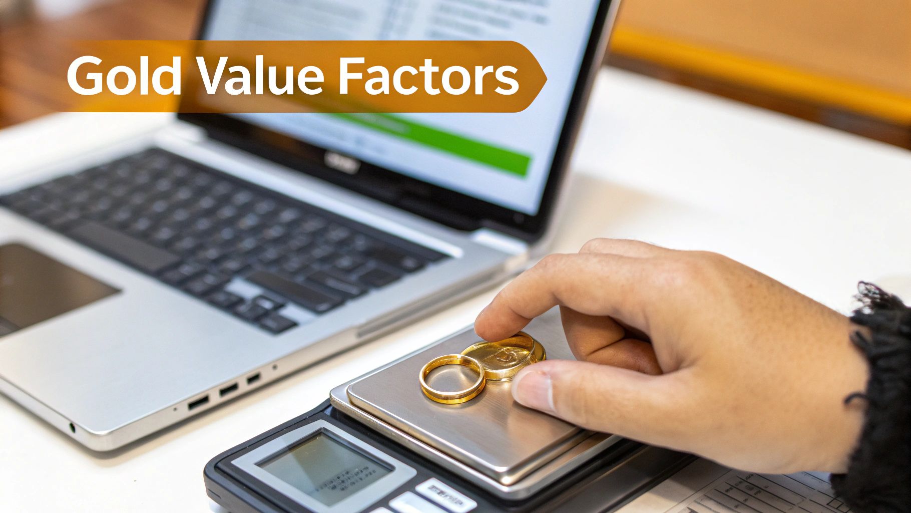 A hand places gold rings and coins on a digital scale next to a laptop displaying 'Gold Value Factors'.