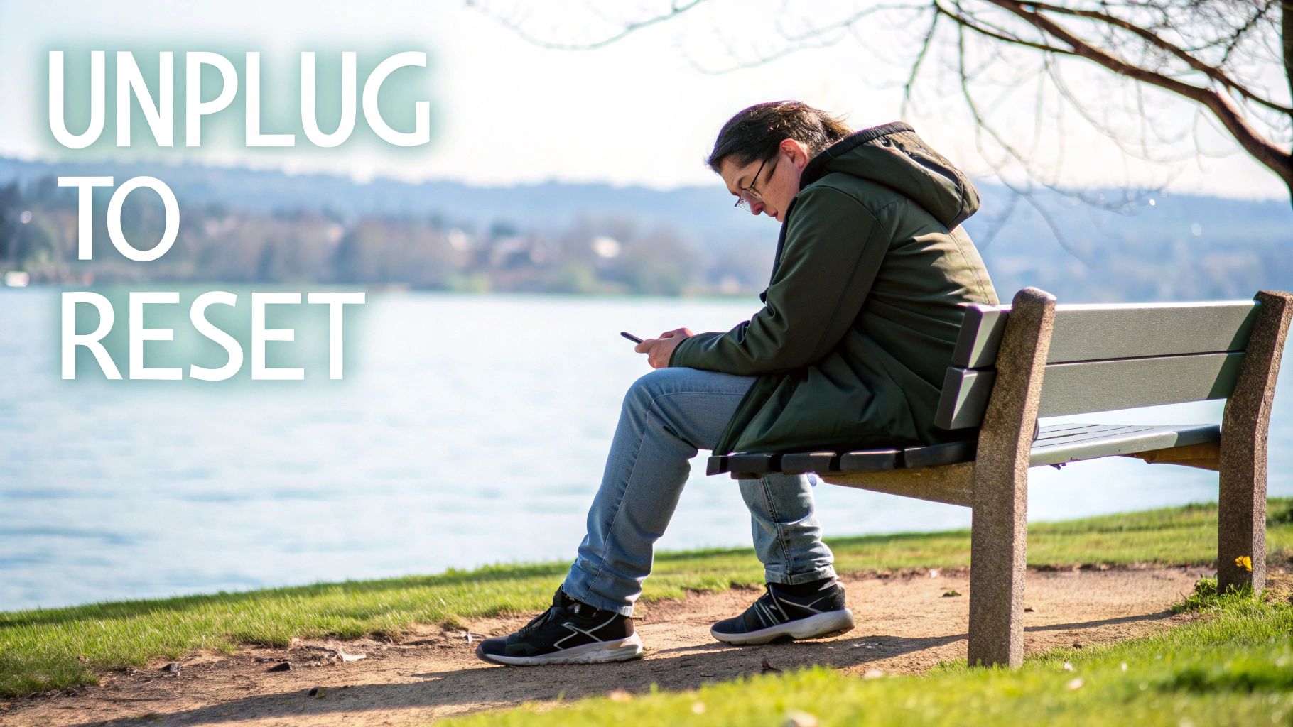 A person sitting on a park bench by a lake, looking at their phone, with 'UNPLUG TO RESET' text.