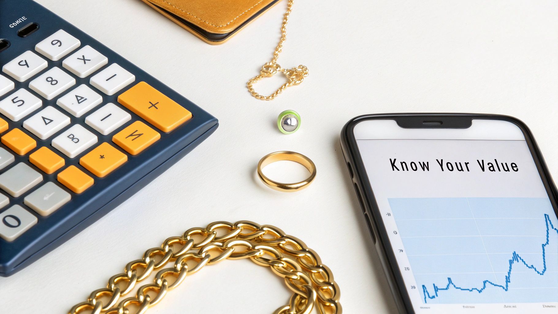 Gold jewelry, coins, and bars being weighed on a digital scale.