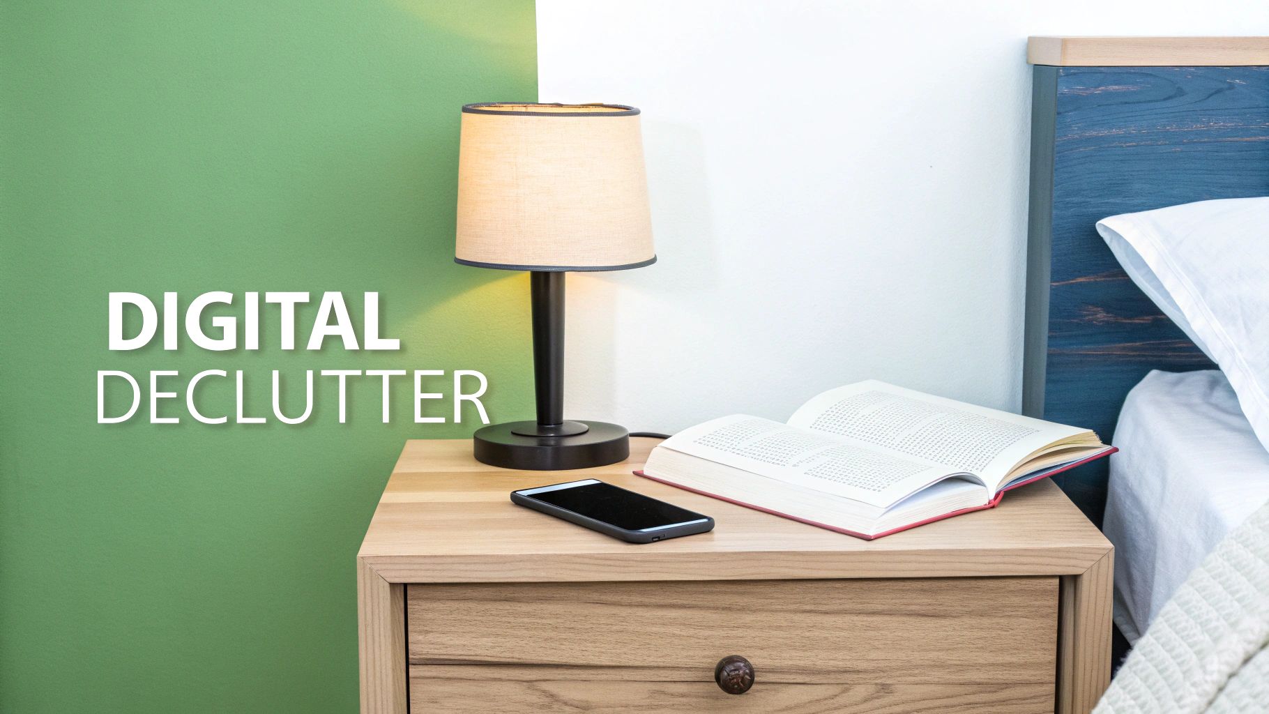 A cozy bedside scene with a lamp, open book, and smartphone on a wooden nightstand, promoting digital decluttering.