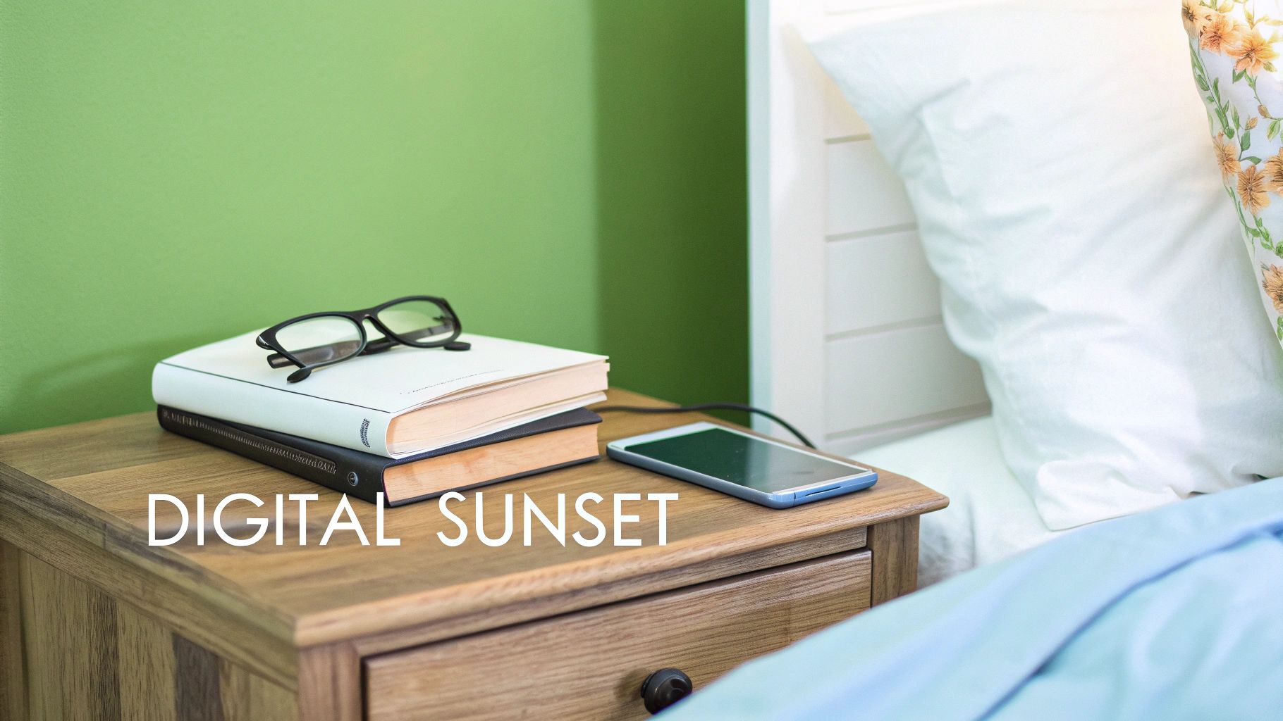 Bedside table with stacked books, eyeglasses, and smartphone beside bed promoting digital sunset routine