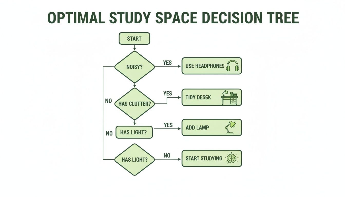 A flowchart titled 'Optimal Study Space Decision Tree' guiding on how to optimize a study environment.