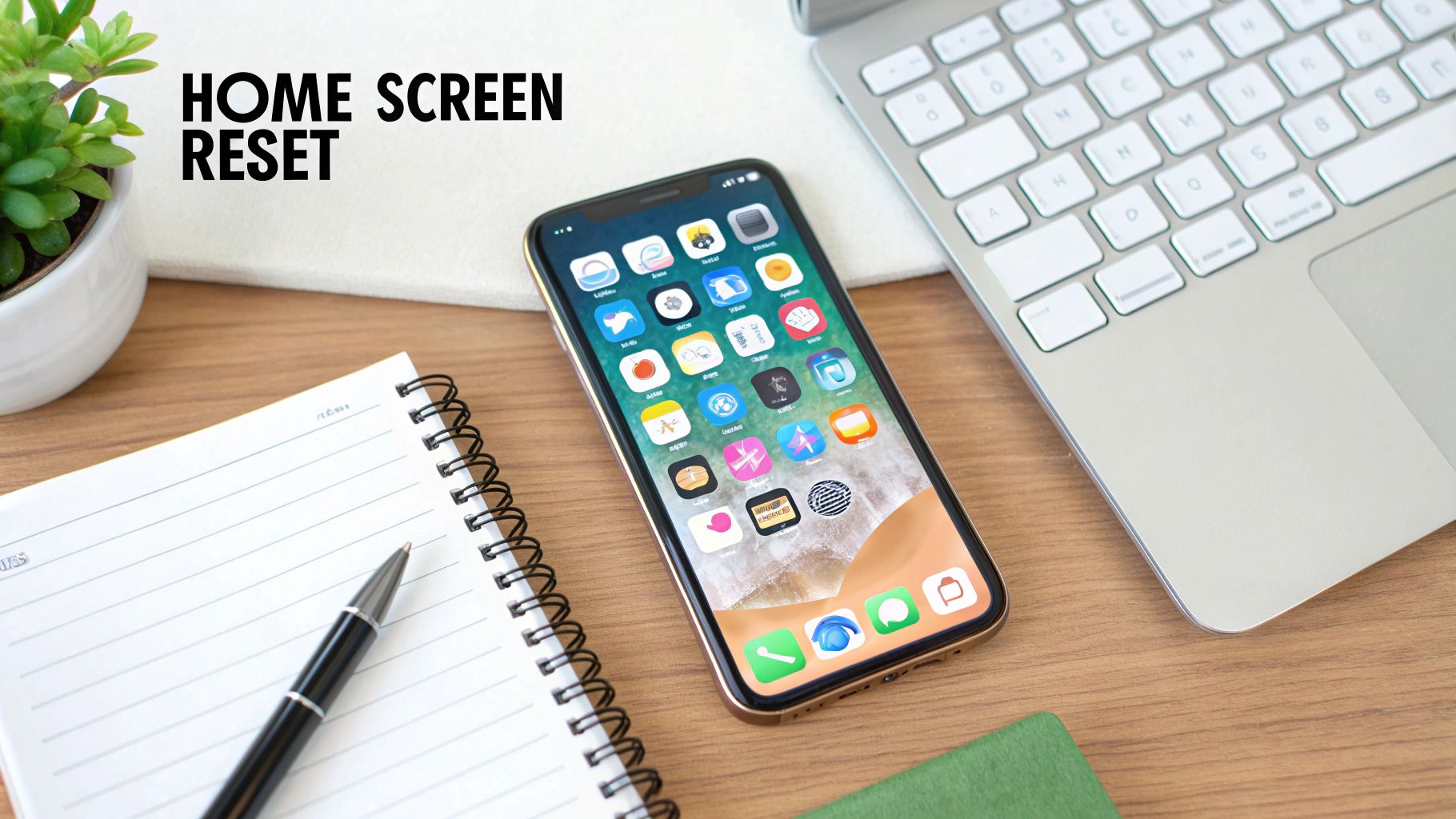 An iPhone displaying apps, next to a laptop and notebook on a wooden desk, with 'HOME SCREEN RESET' text.