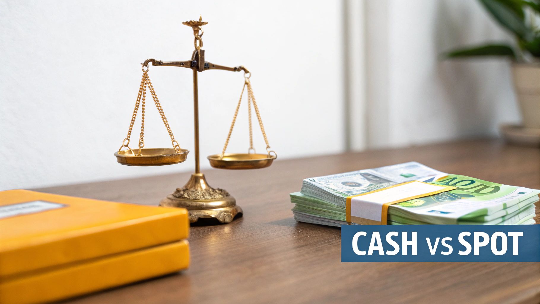 Golden balance scale, stacks of dollar and euro banknotes, and a 'CASH vs SPOT' label on a desk.