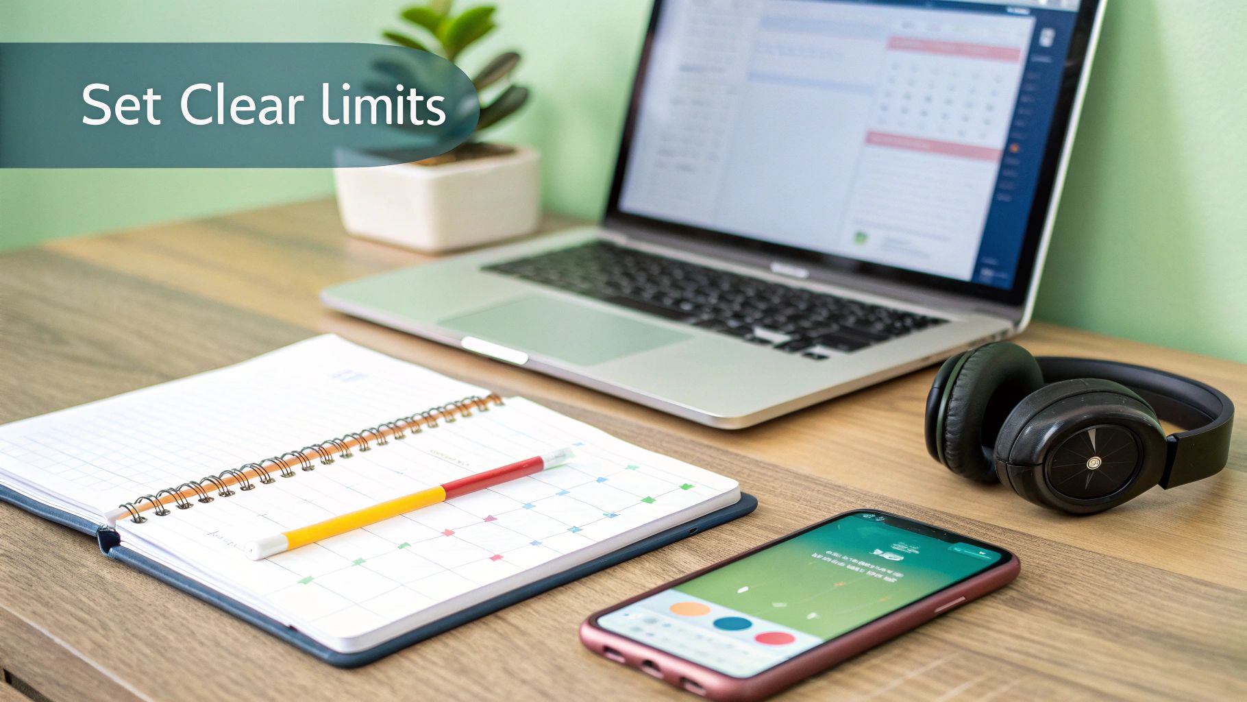 A neatly organized desk with a laptop, planner, smartphone, and headphones, with text 'Set Clear Limits'.