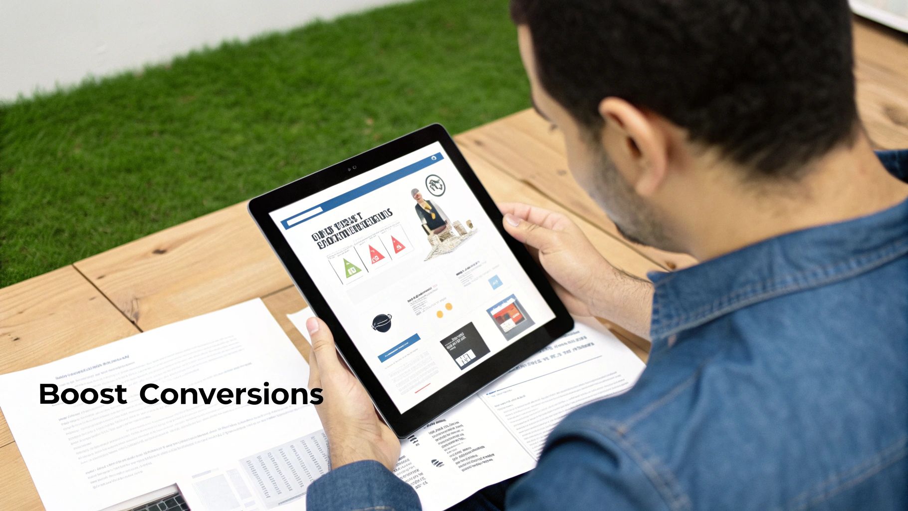 A man views digital marketing analytics on a tablet, with papers titled 'Boost Conversions' on a wooden desk.