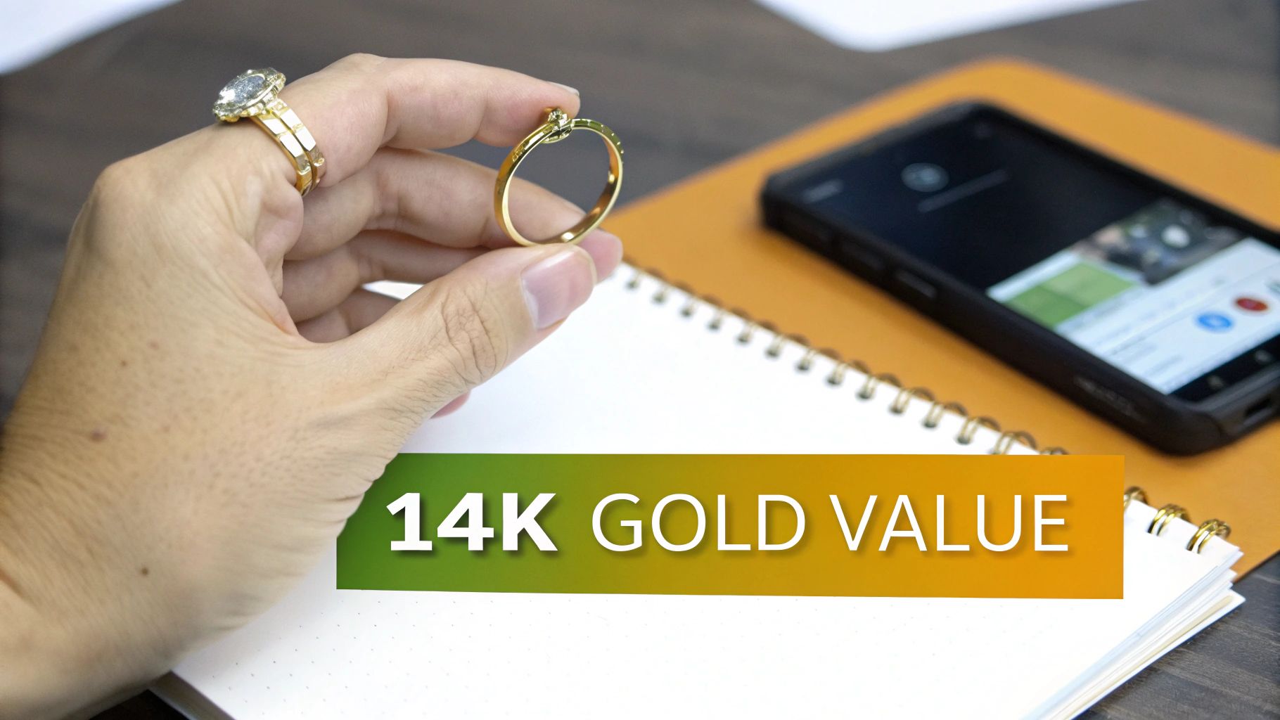 A close-up of a 14K gold necklace, showcasing its color and texture.