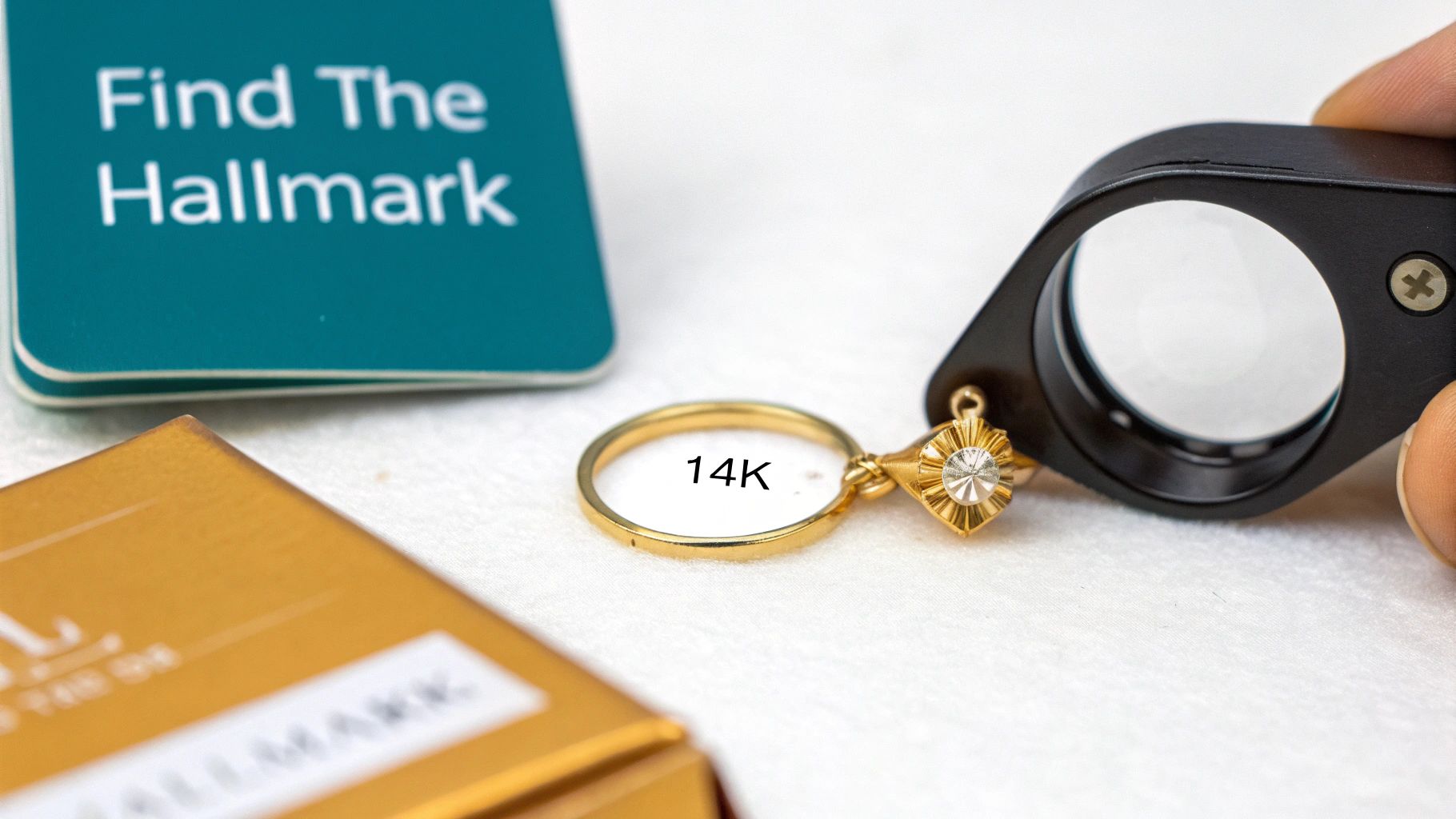 A person using a magnifying glass to inspect a hallmark on a gold ring.