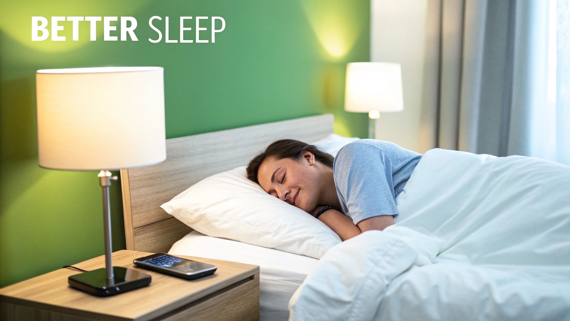 Smiling woman sleeping soundly in bed with a lamp and smartphone on a nightstand.