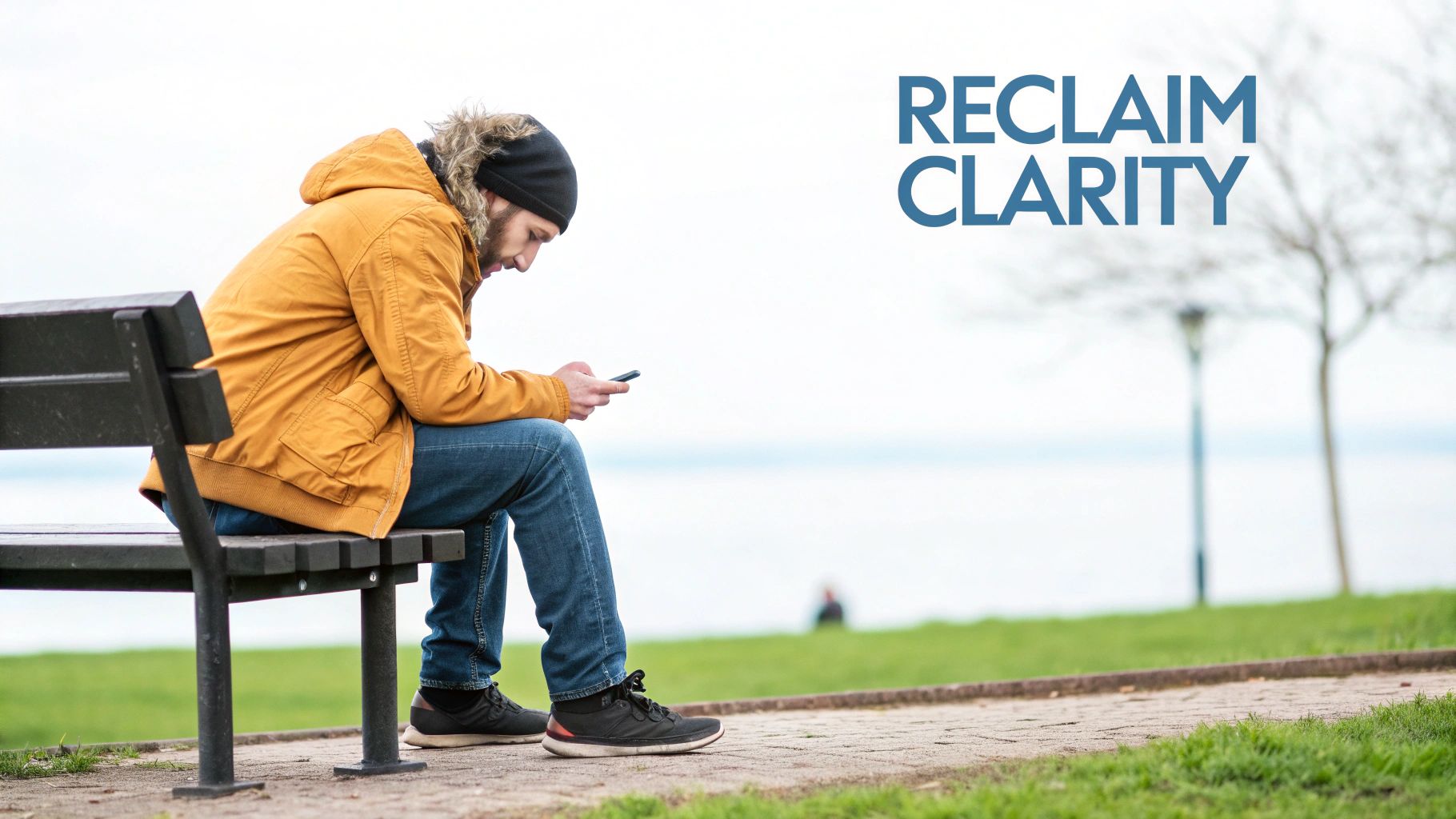 Man in yellow jacket sitting on park bench using smartphone by waterfront reclaim clarity