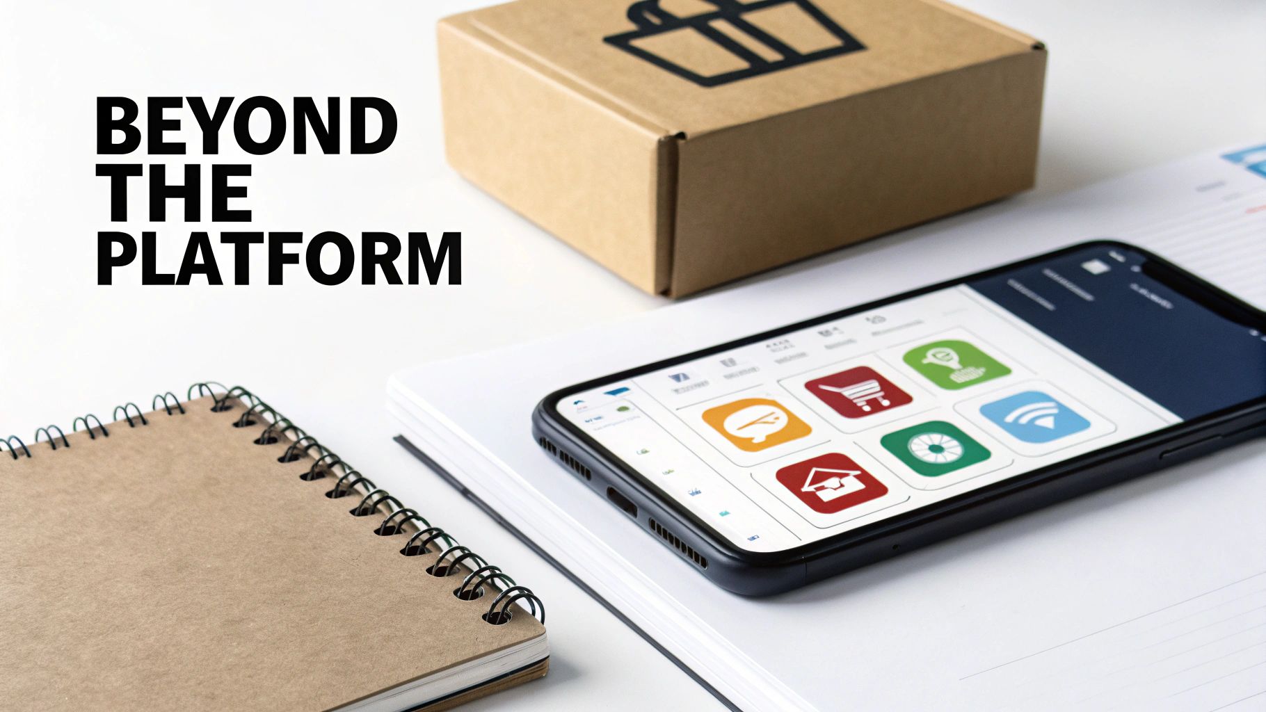 A smartphone displaying various app icons, a brown cardboard box, and a notebook on a white table.