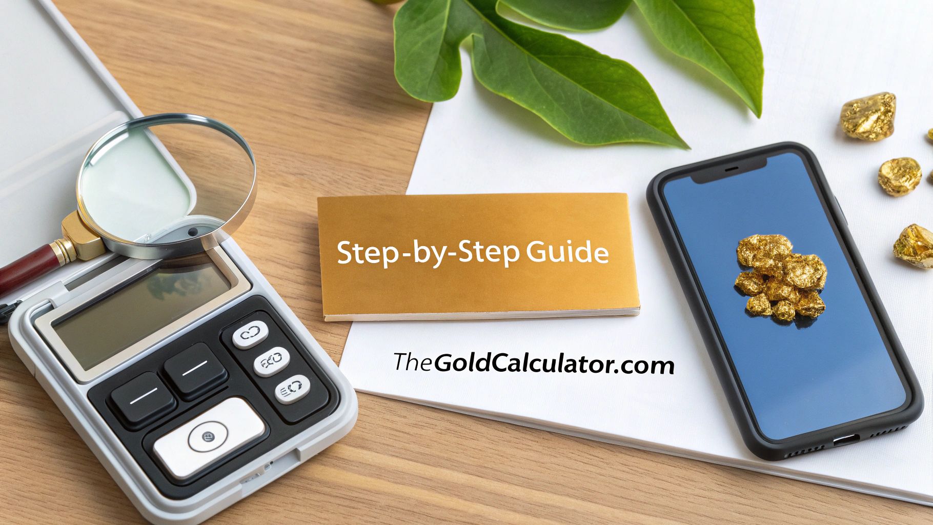 Calculator, magnifying glass, smartphone with gold nuggets, and a 'Step-by-Step Guide' on TheGoldCalculator.com paper.