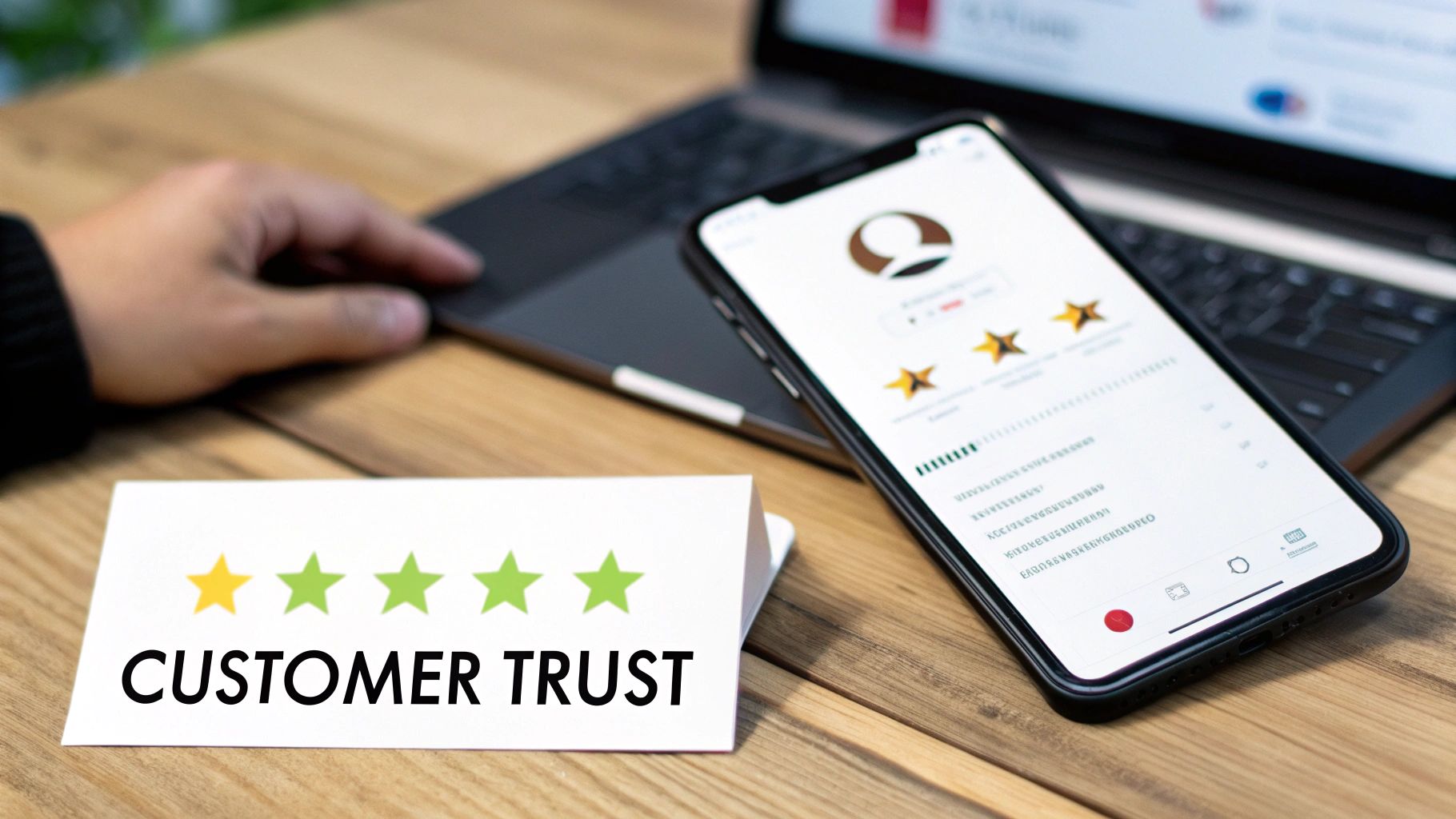 A person reviewing customer trust and website design on a phone and card.