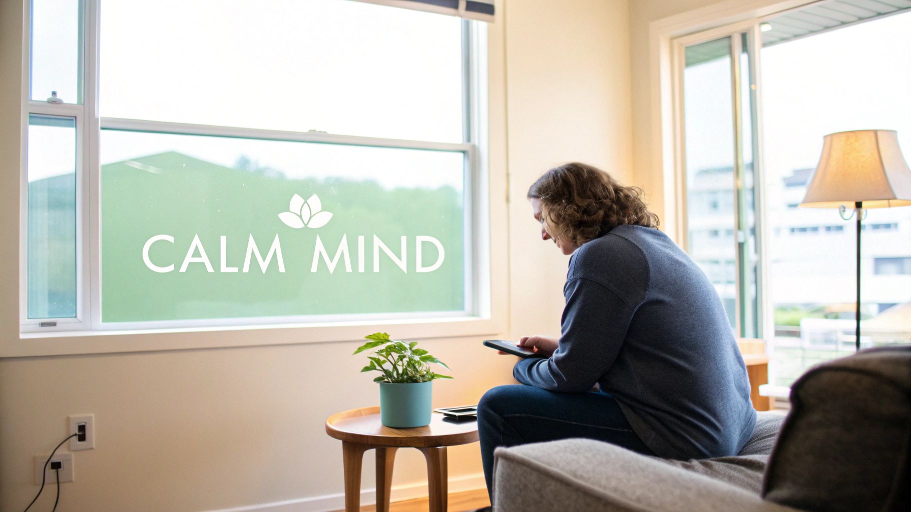 A person sitting on a couch, using a smartphone, with 'Calm Mind' on a window.