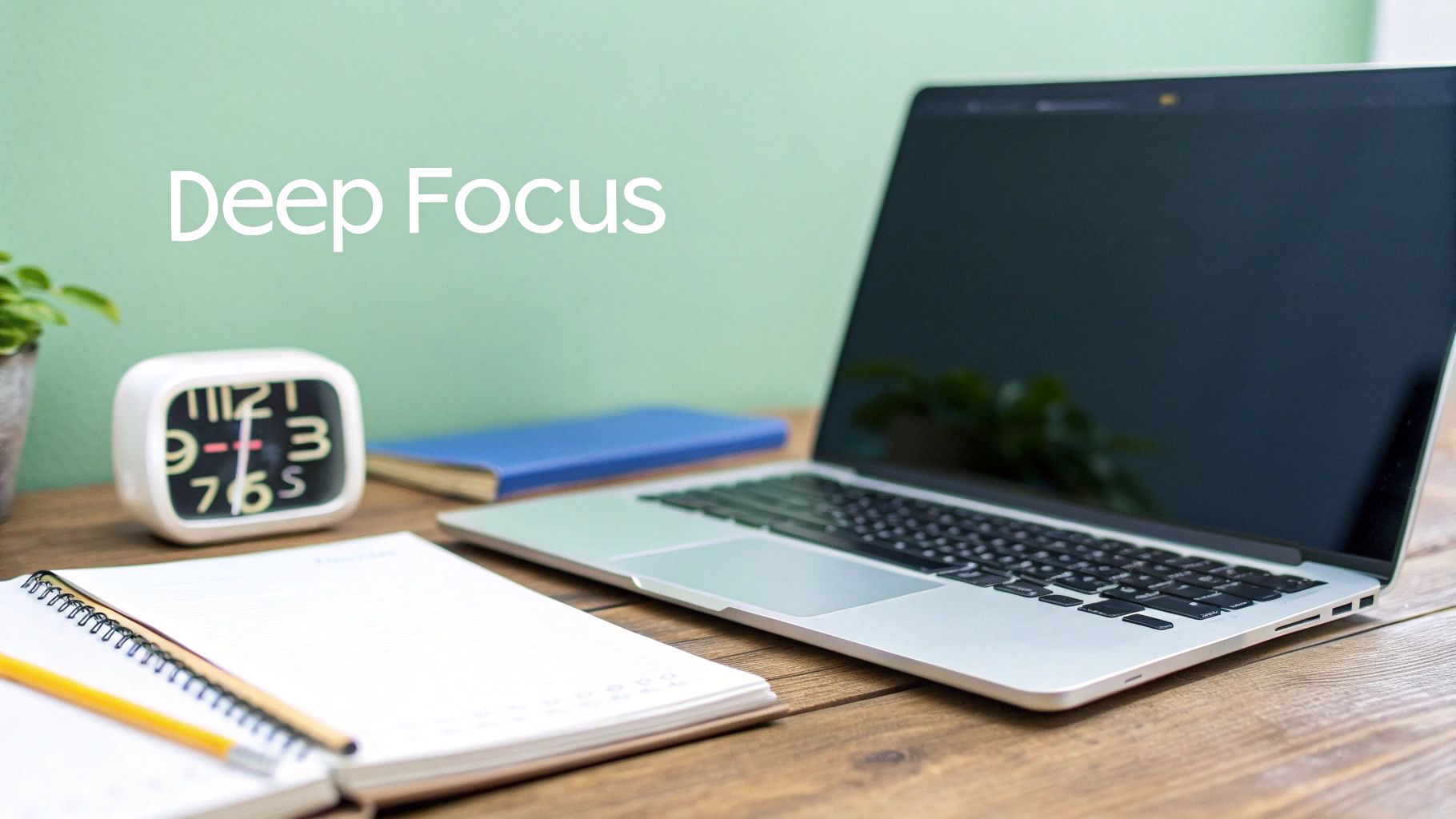 Organized workspace with laptop, notebook, pencil, and clock promoting deep focus and productivity habits